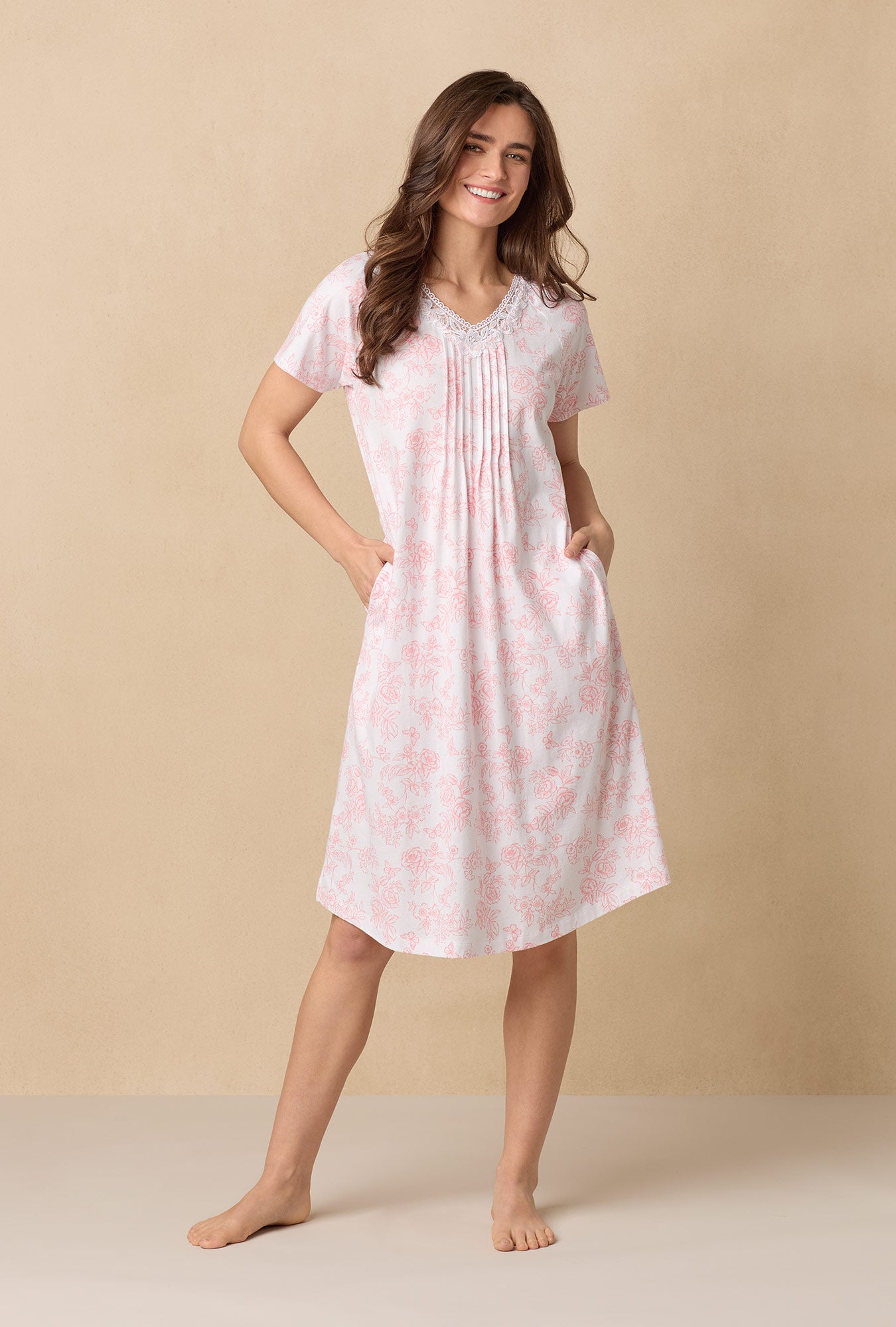 A lady wearing Coral Toile Waltz Cotton Knit Nightgown