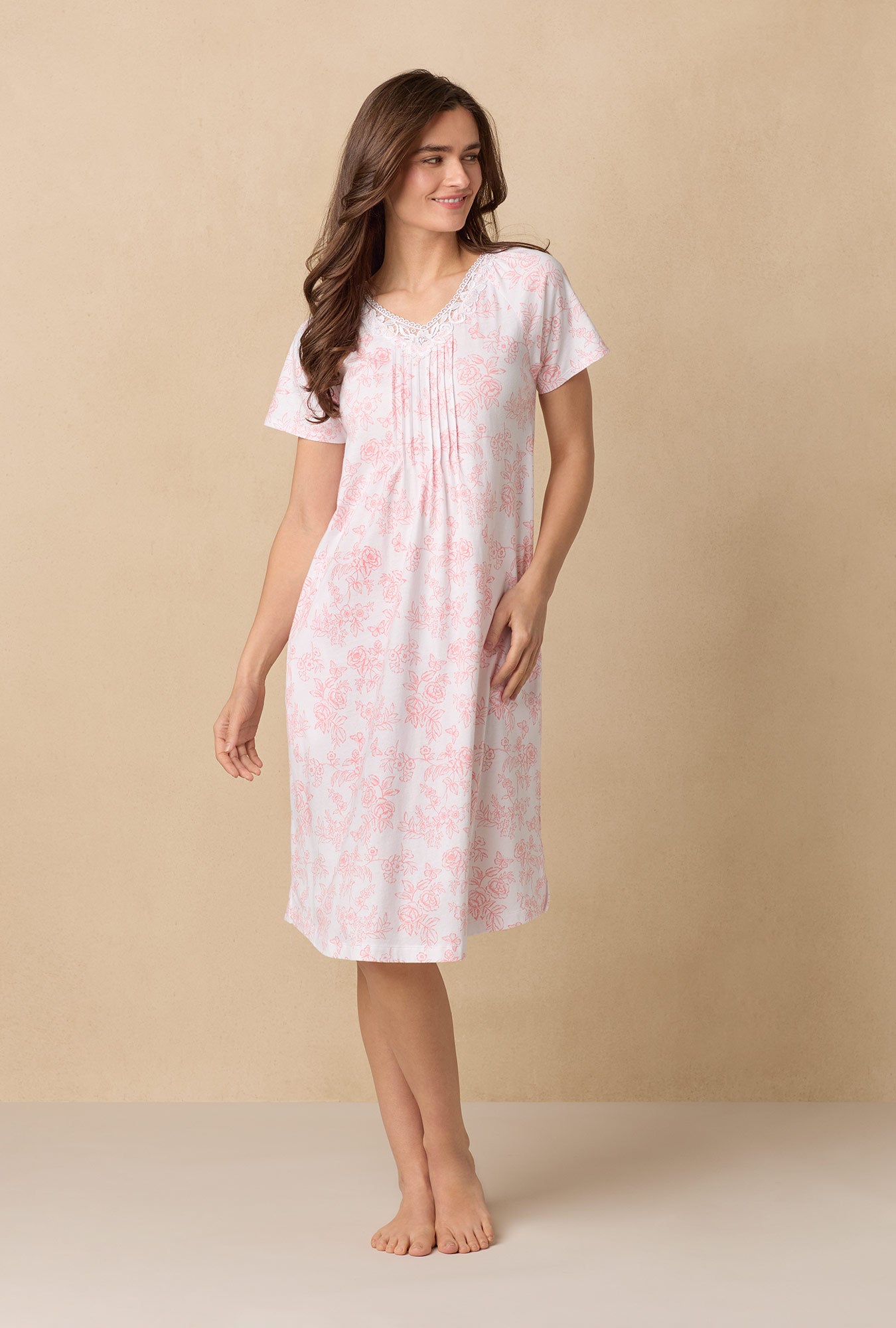 A lady wearing Coral Toile Waltz Cotton Knit Nightgown