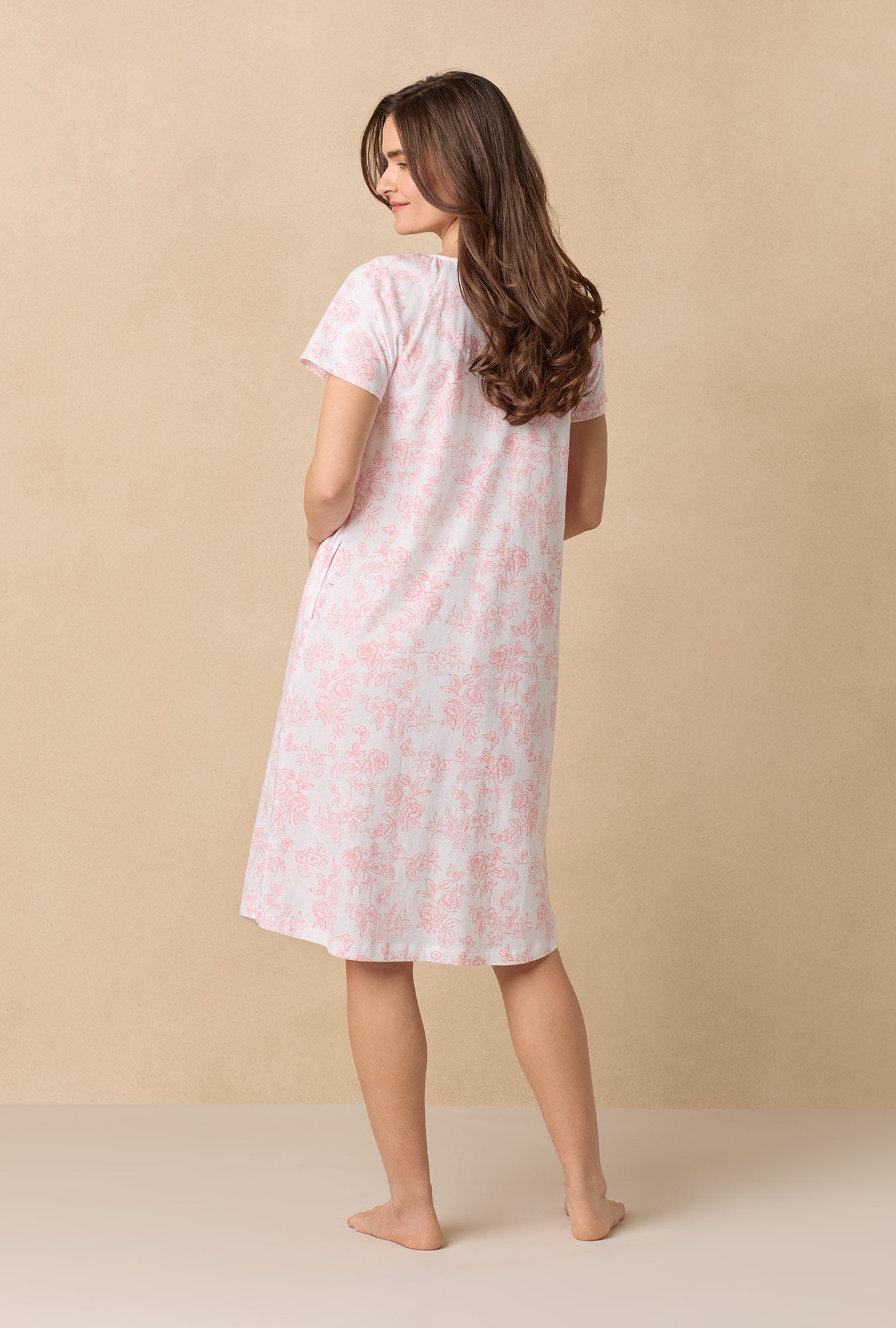 A lady wearing Coral Toile Waltz Cotton Knit Nightgown