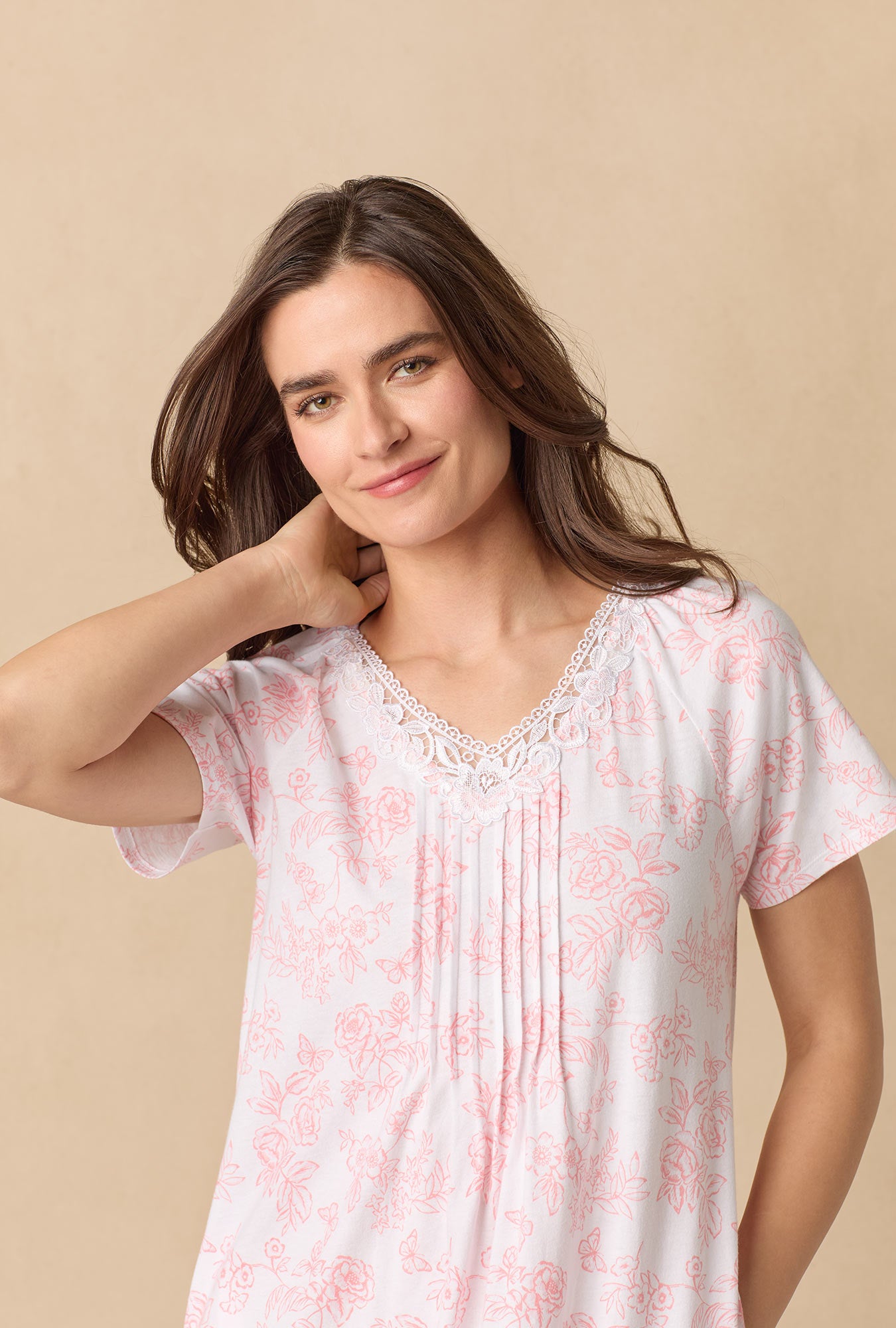 A lady wearing Coral Toile Waltz Cotton Knit Nightgown