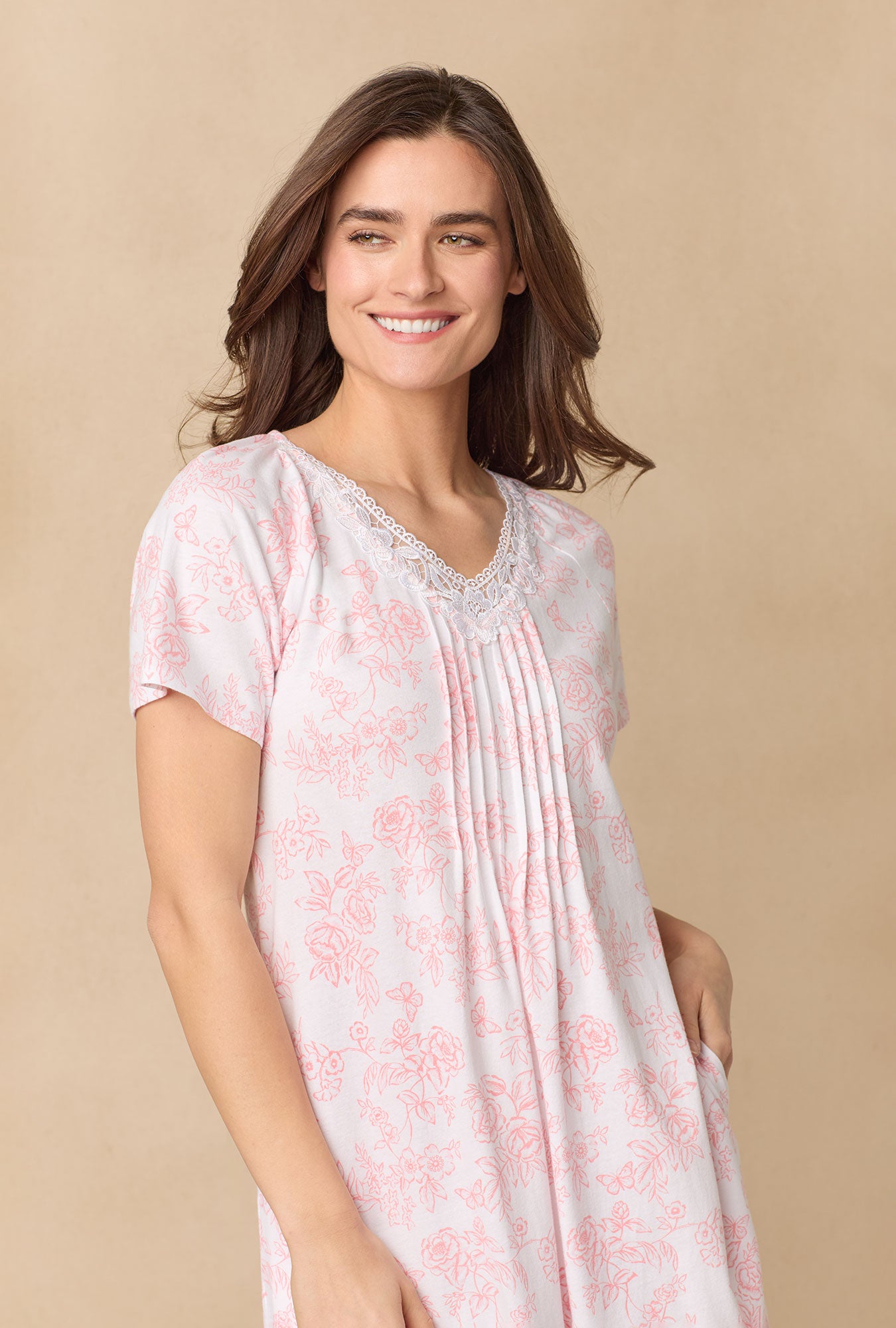 A lady wearing Coral Toile Waltz Cotton Knit Nightgown