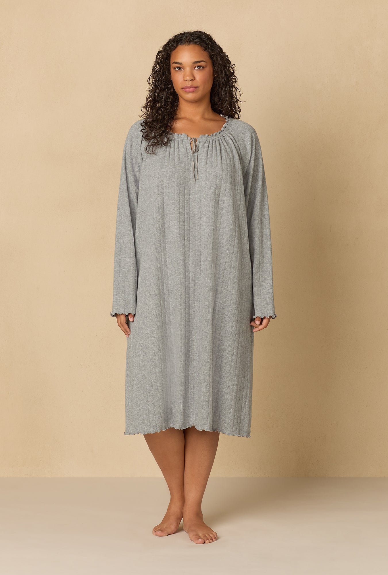 A lady wearing Heather Grey Pointelle Waltz Nightgown