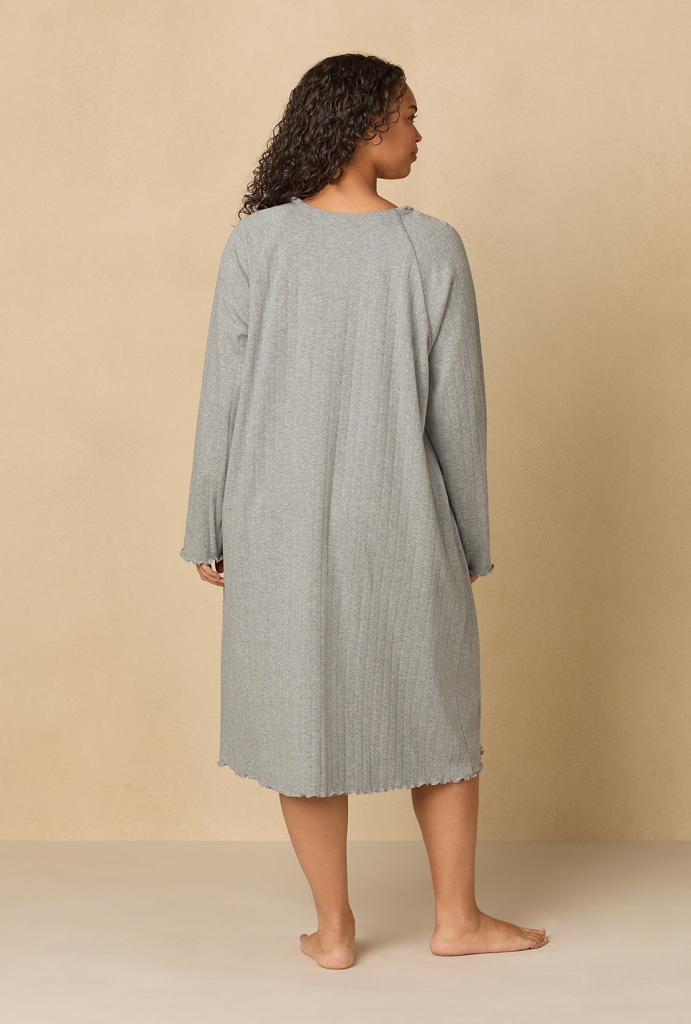 A lady wearing Heather Grey Pointelle Waltz Nightgown