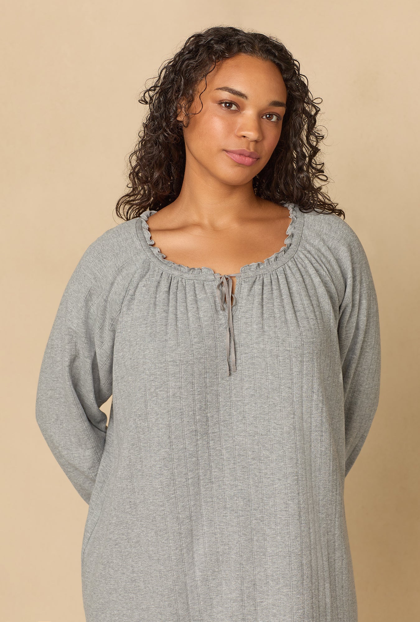 A lady wearing Heather Grey Pointelle Waltz Nightgown