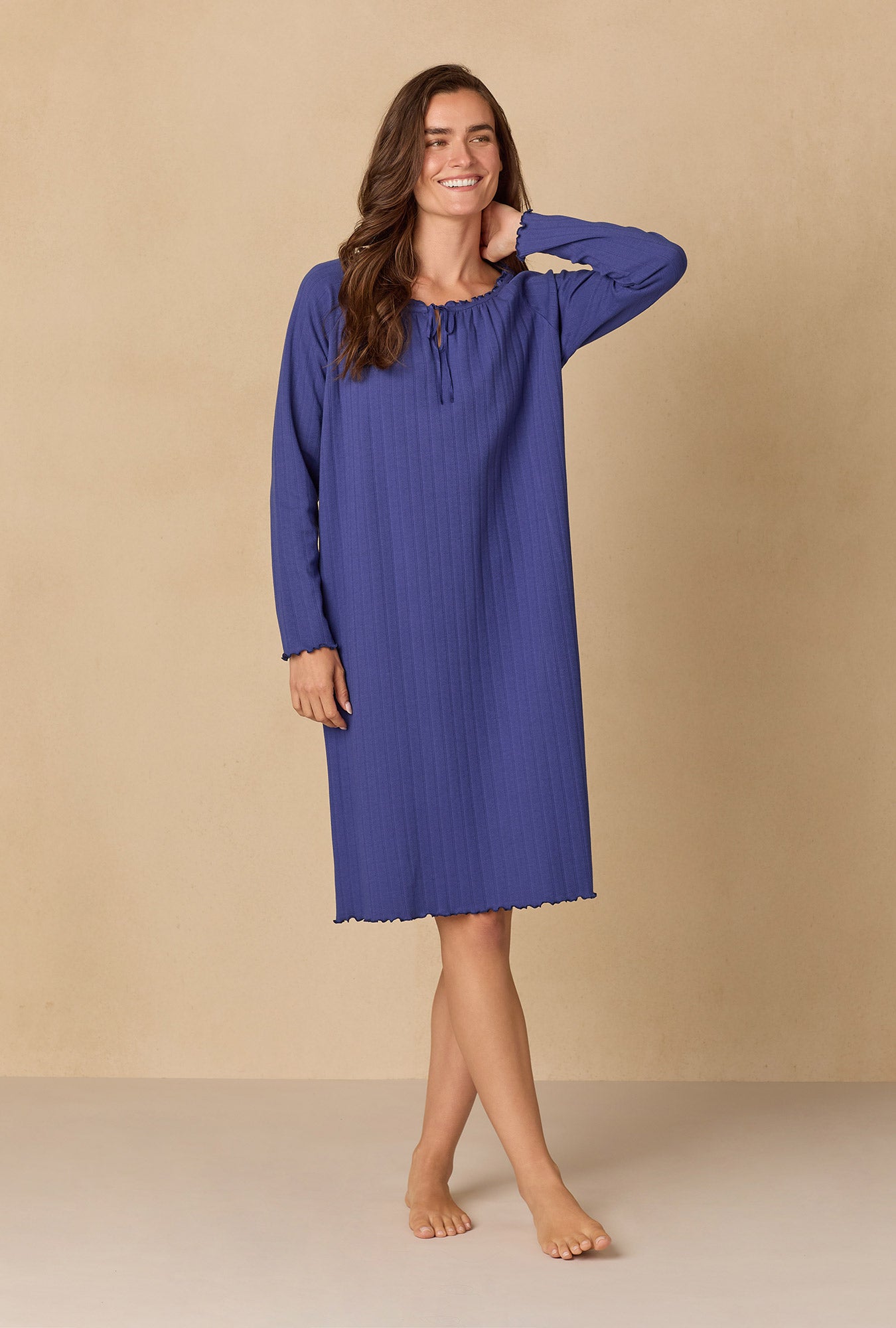 A lady wearing Navy Pointelle Waltz Nightgown