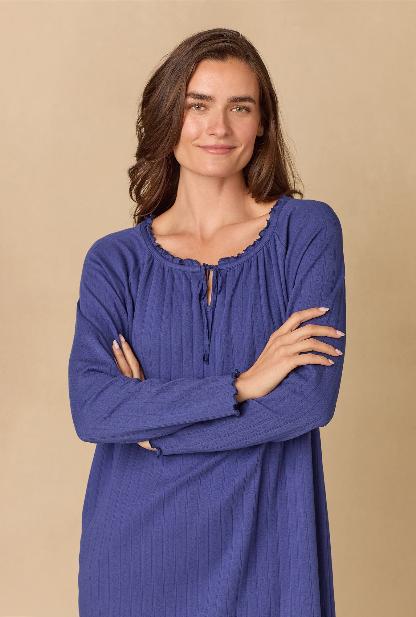 A lady wearing Navy Pointelle Waltz Nightgown