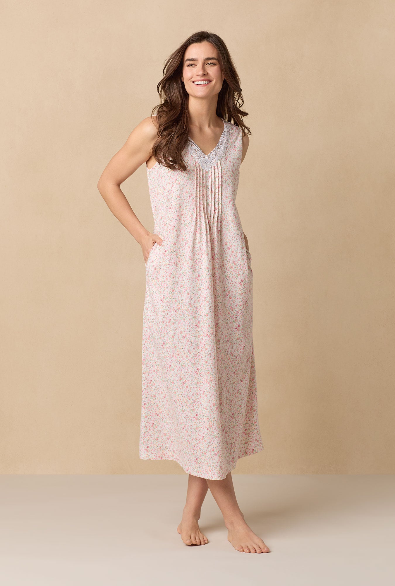 A lady wearing Meadow Floral Long Sleeveless Cotton Knit Nightgown