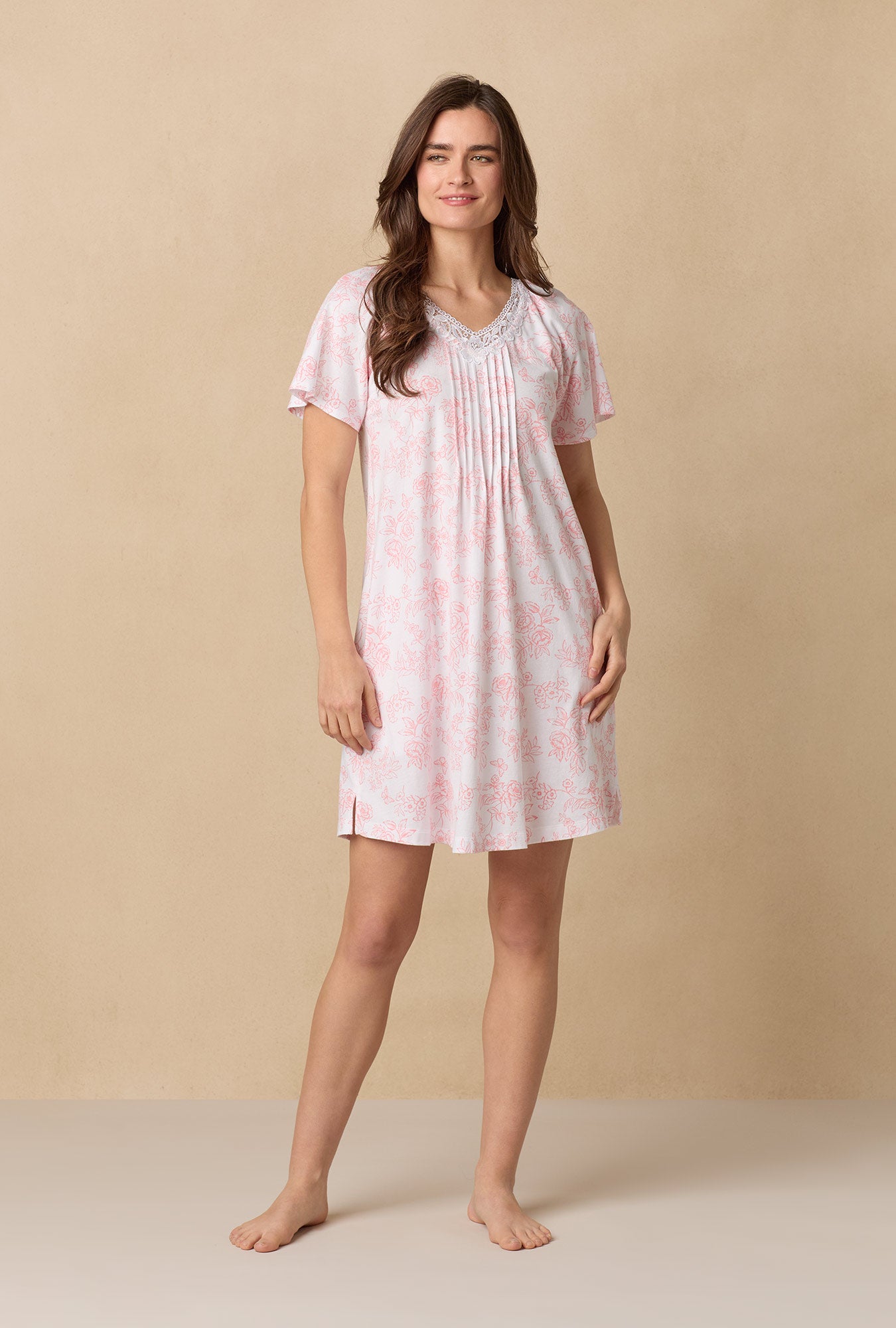 A lady wearing Coral Toile Flutter Sleeve Short Cotton Knit Nightgown