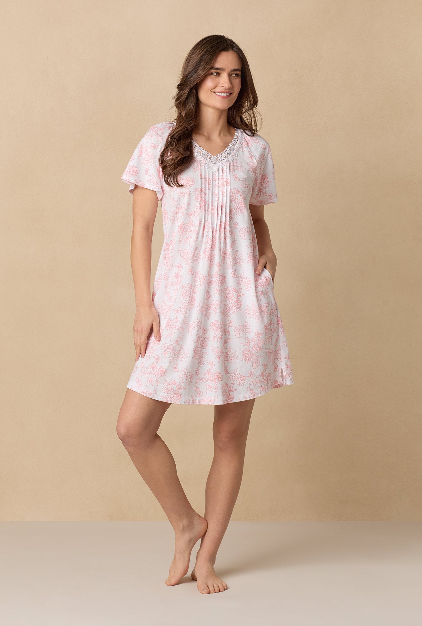 A lady wearing Coral Toile Flutter Sleeve Short Cotton Knit Nightgown