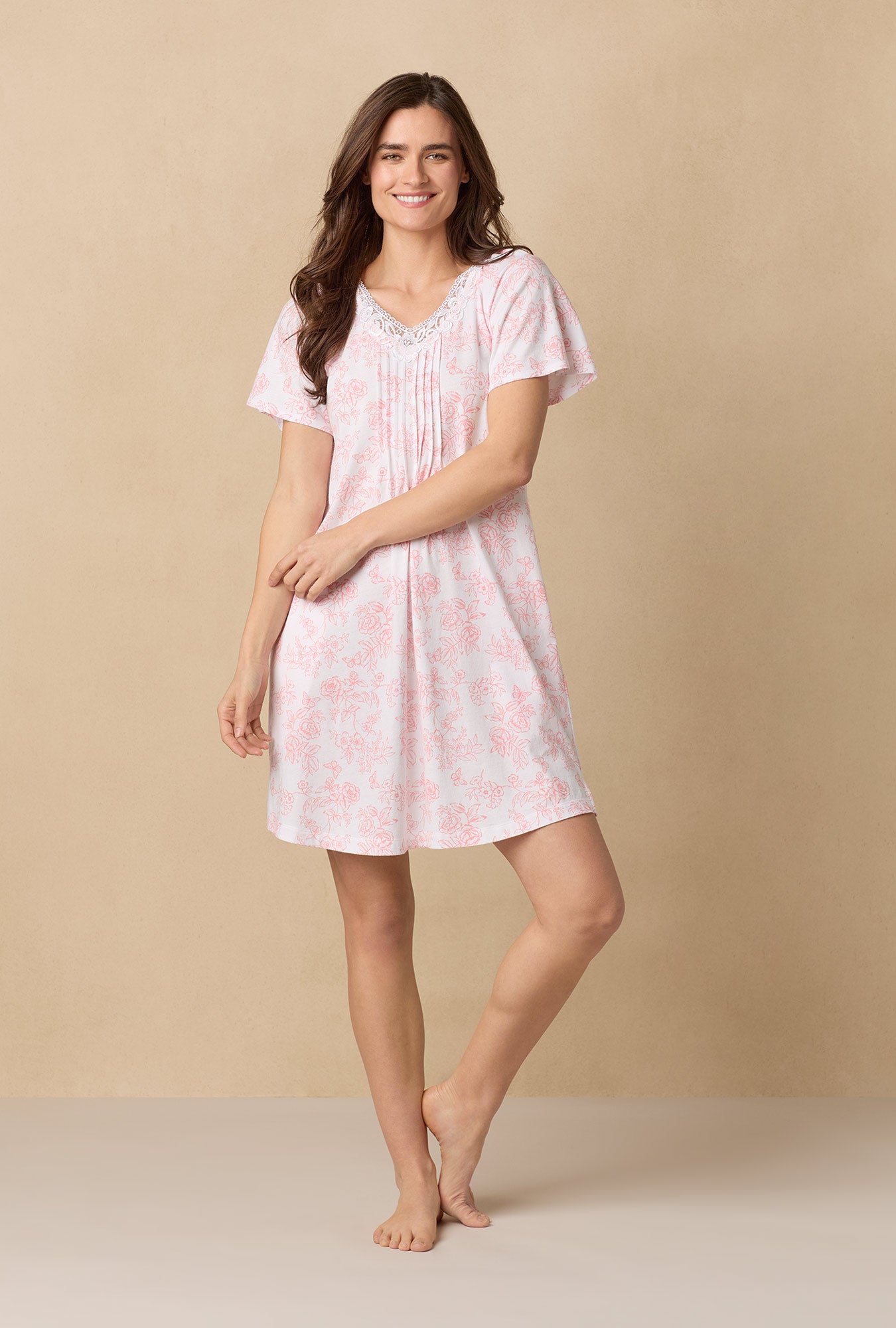 A lady wearing Coral Toile Flutter Sleeve Short Cotton Knit Nightgown