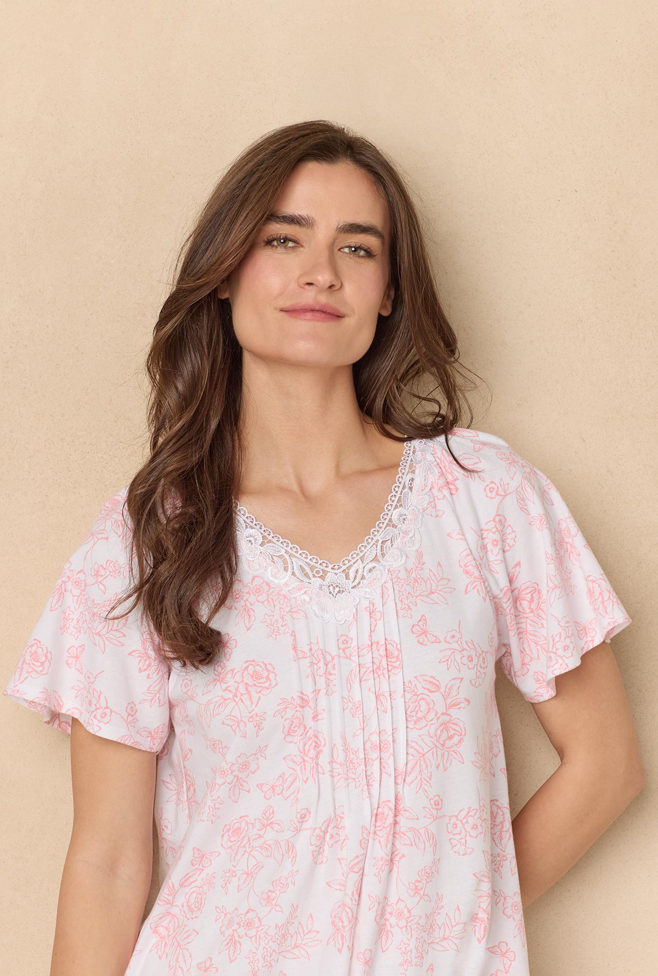 A lady wearing Coral Toile Flutter Sleeve Short Cotton Knit Nightgown