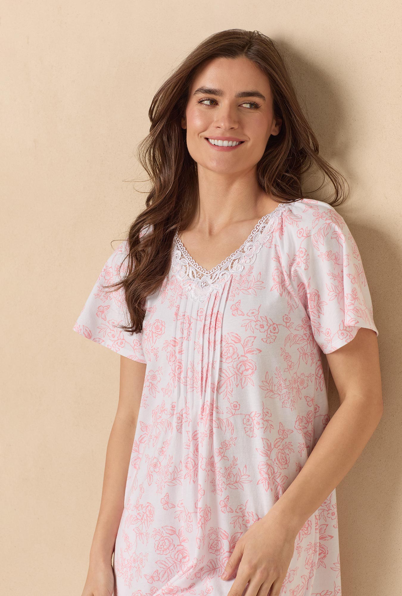 A lady wearing Coral Toile Flutter Sleeve Short Cotton Knit Nightgown