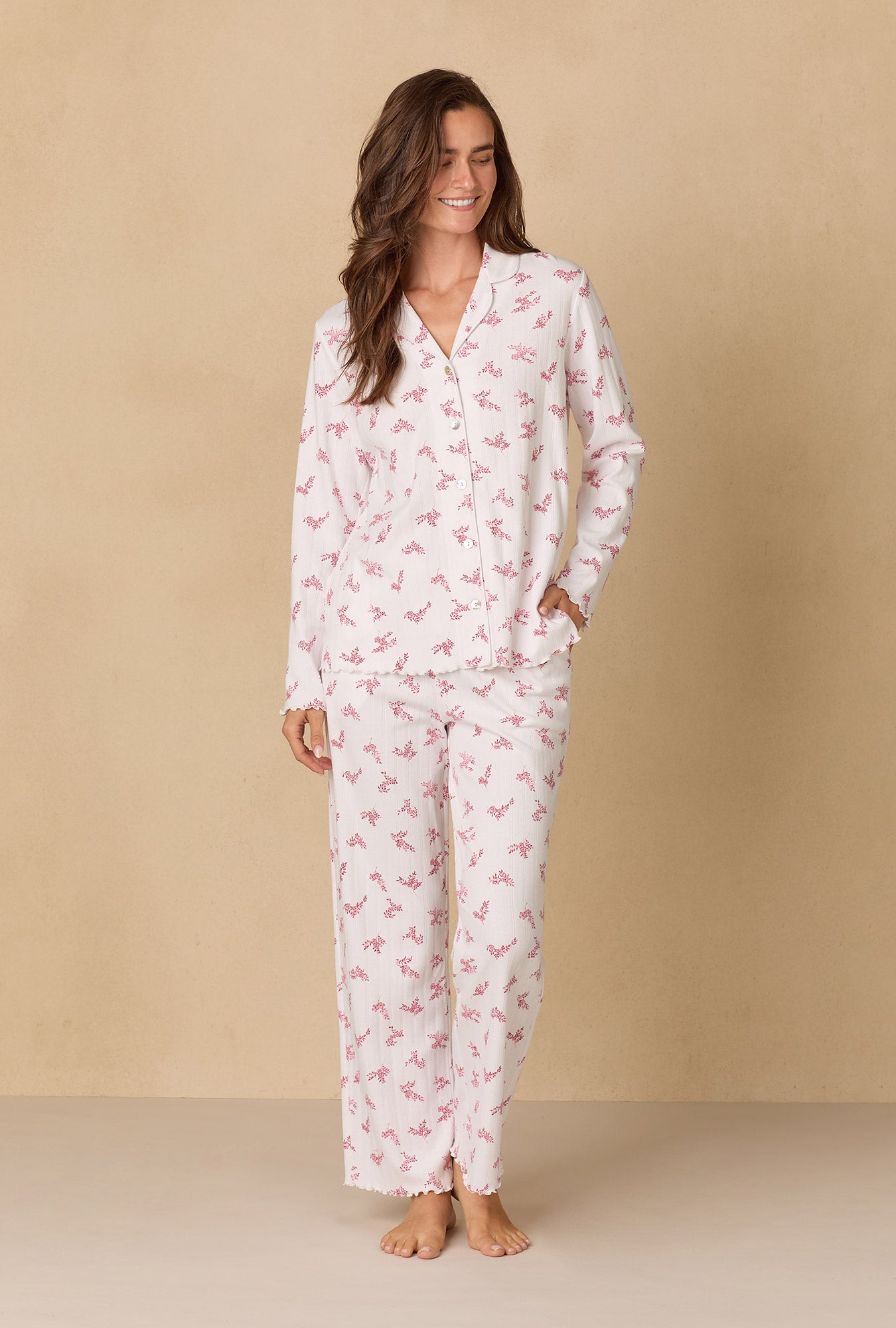 A lady wearing Winter Bloom Pointelle Long Pajama Set