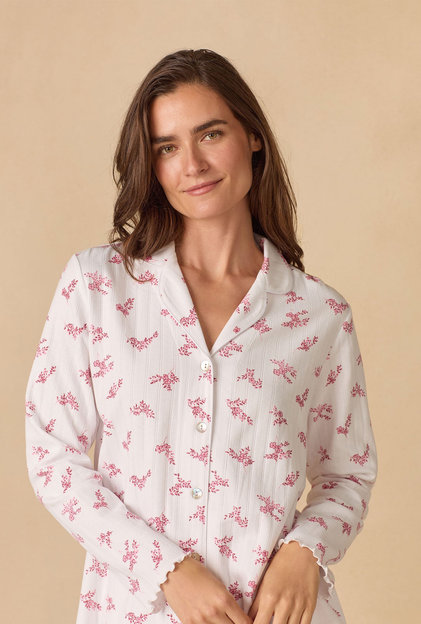A lady wearing Winter Bloom Pointelle Long Pajama Set