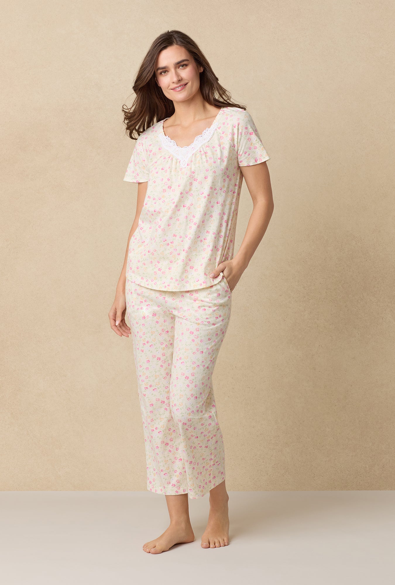 A lady wearing A lady wearing Spring Ditsy Cotton Short plus Nightgown
