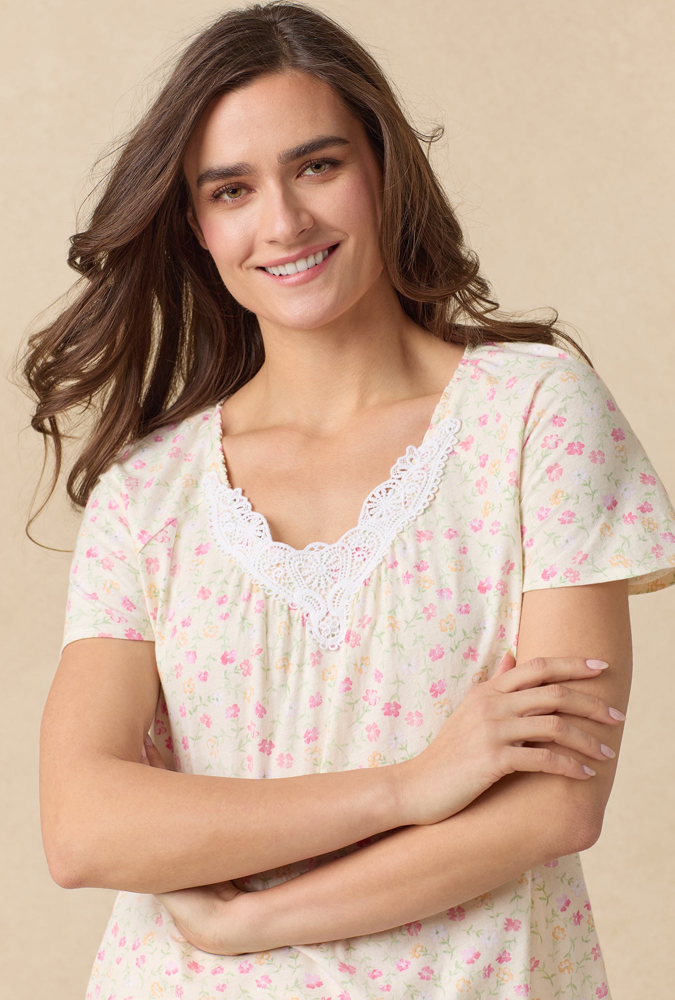 A lady wearing A lady wearing Spring Ditsy Cotton Short plus Nightgown