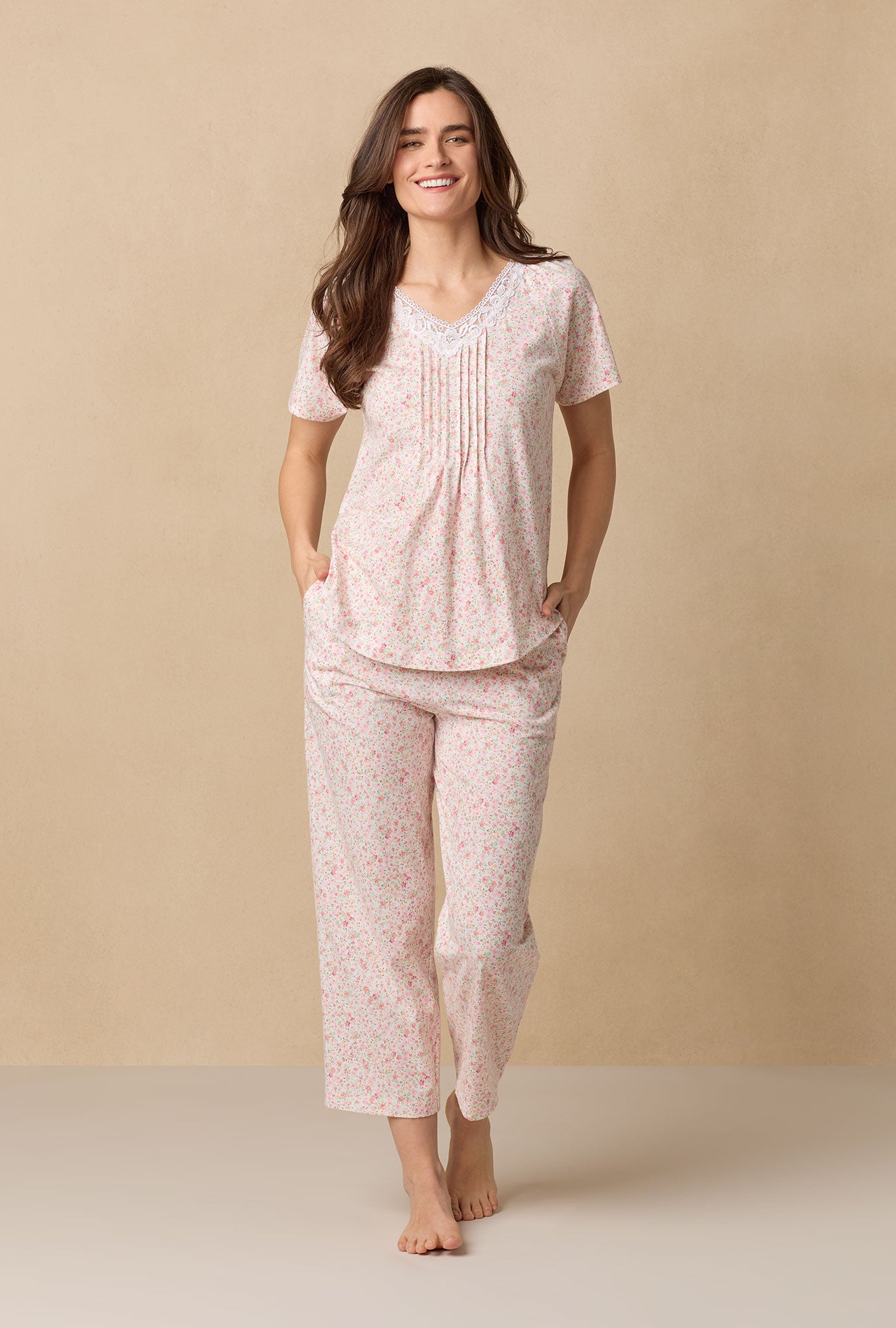 A lady wearing Meadow Floral Capri Cotton Knit Pajama Set
