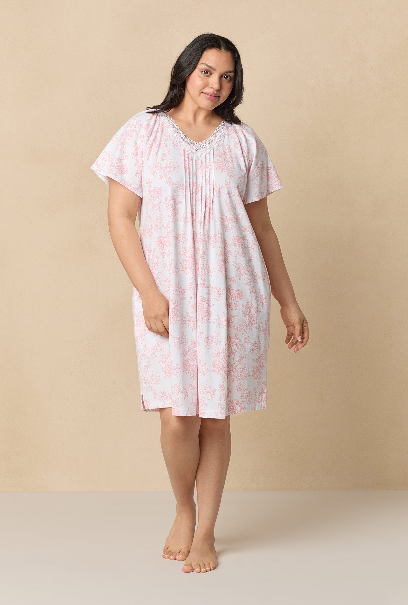 A lady wearing Coral Toile Flutter Sleeve Short Cotton Knit Nightgown