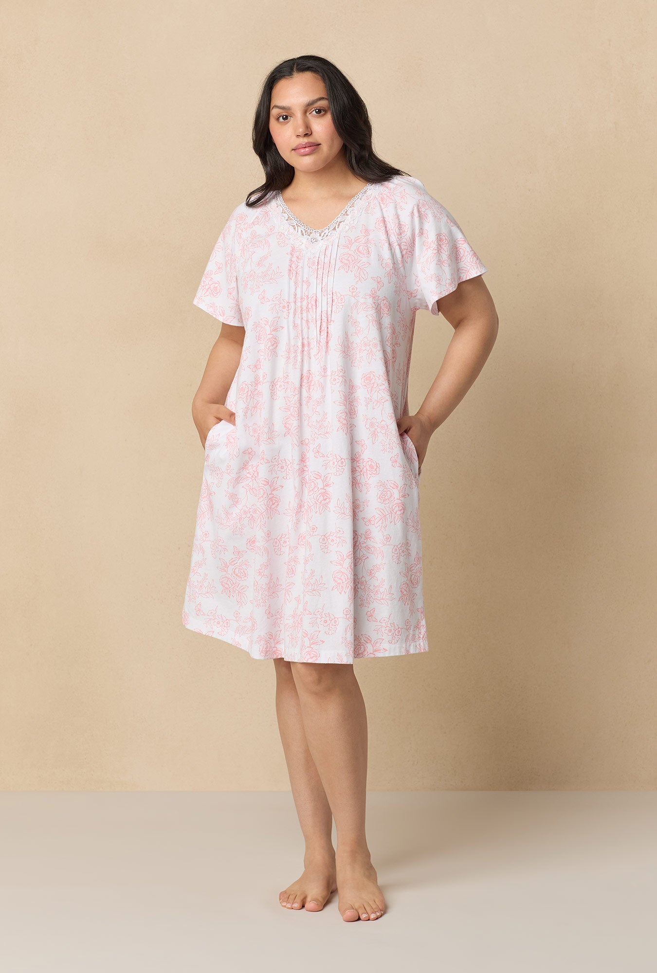 A lady wearing Coral Toile Flutter Sleeve Short Cotton Knit Nightgown