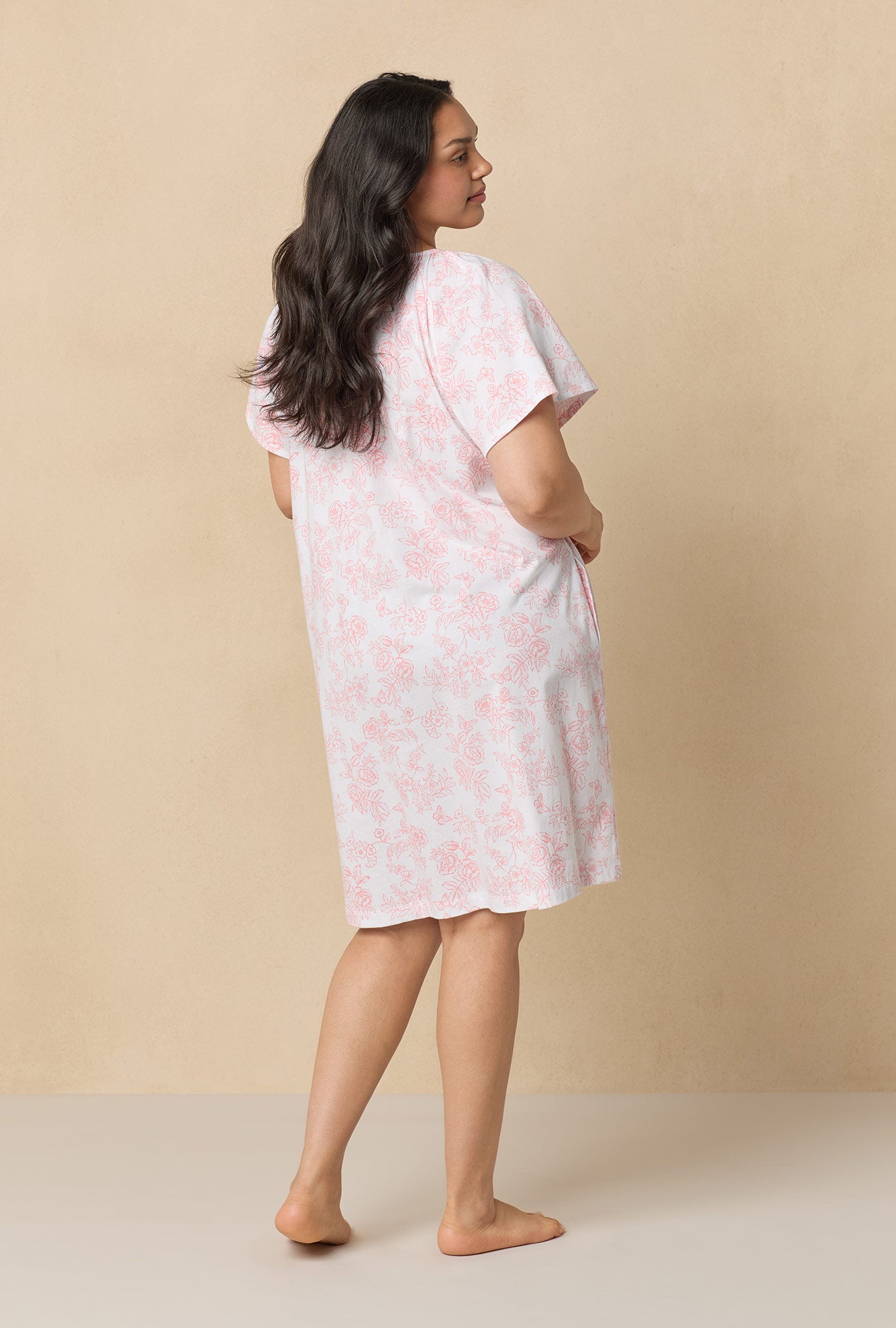 A lady wearing Coral Toile Flutter Sleeve Short Cotton Knit Nightgown