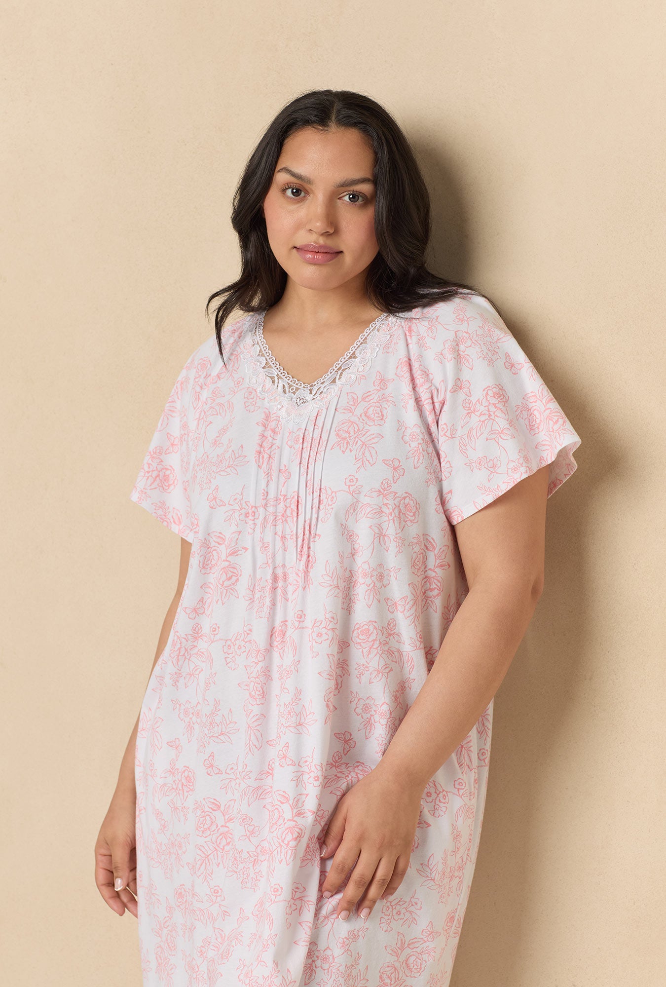A lady wearing Coral Toile Flutter Sleeve Short Cotton Knit Nightgown