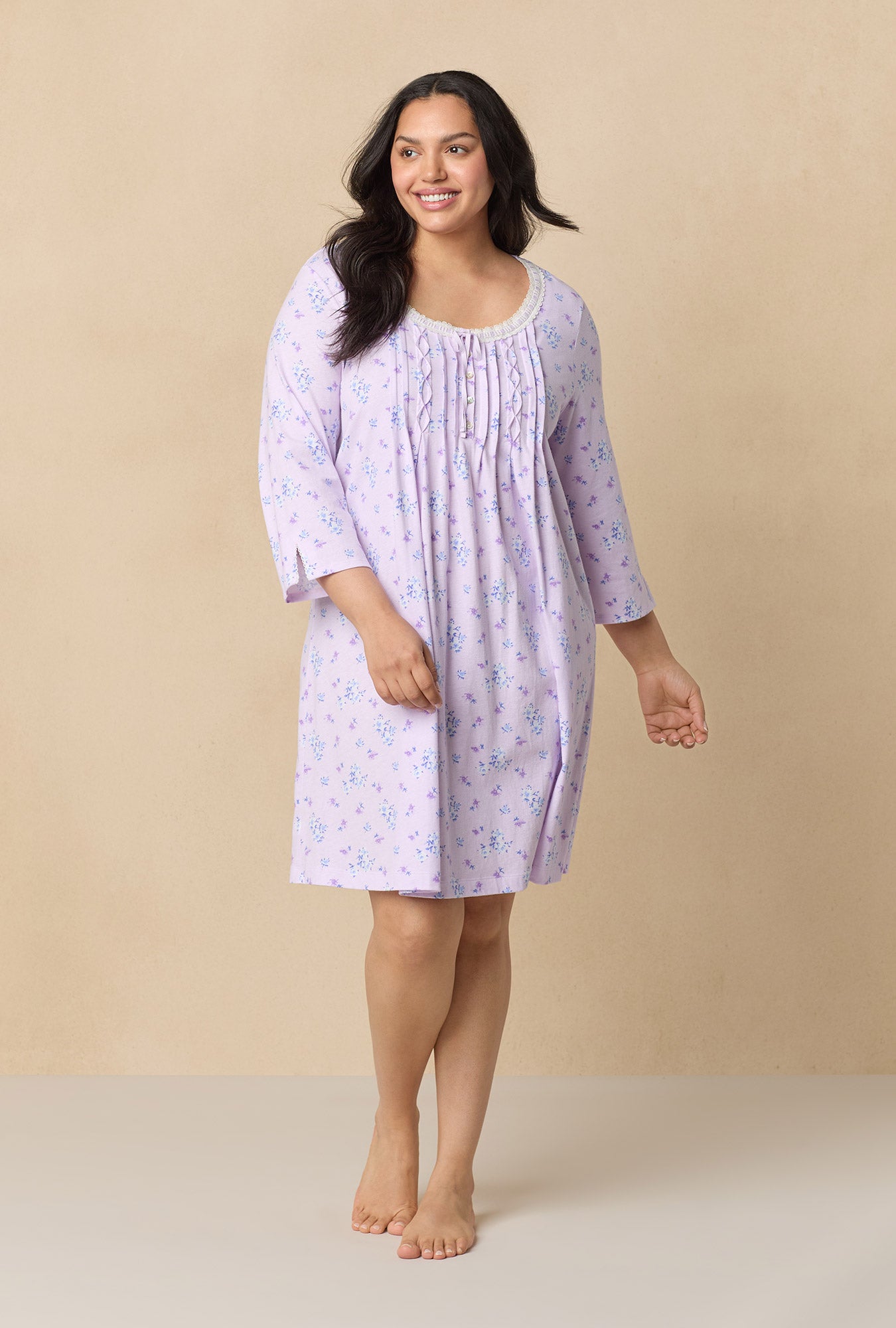 A lady wearing Mini Floral 3/4 Sleeve Cotton Short Nightgown