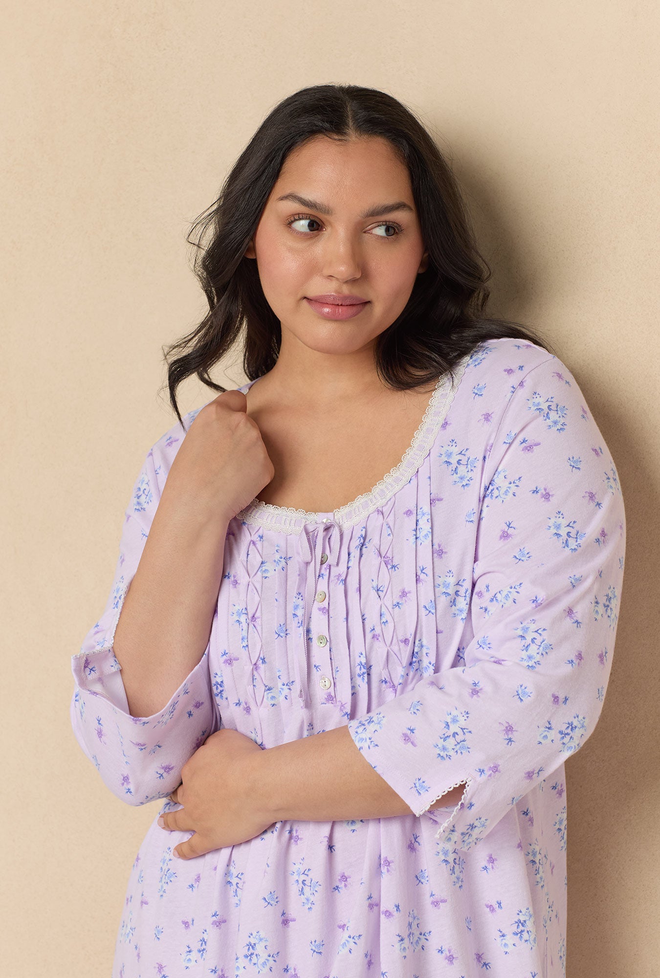 A lady wearing Mini Floral 3/4 Sleeve Cotton Short Nightgown