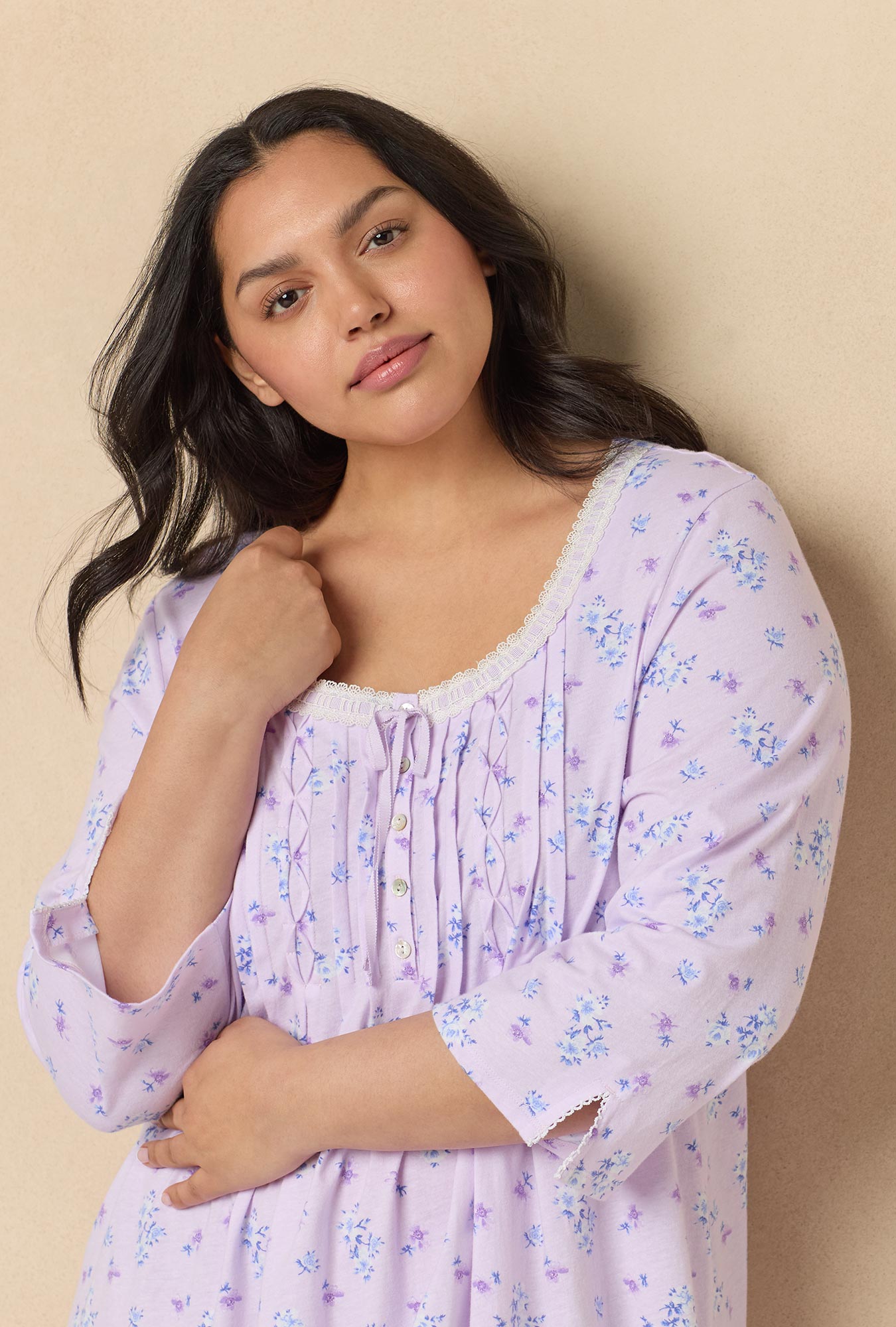 A lady wearing Mini Floral 3/4 Sleeve Cotton Short Nightgown