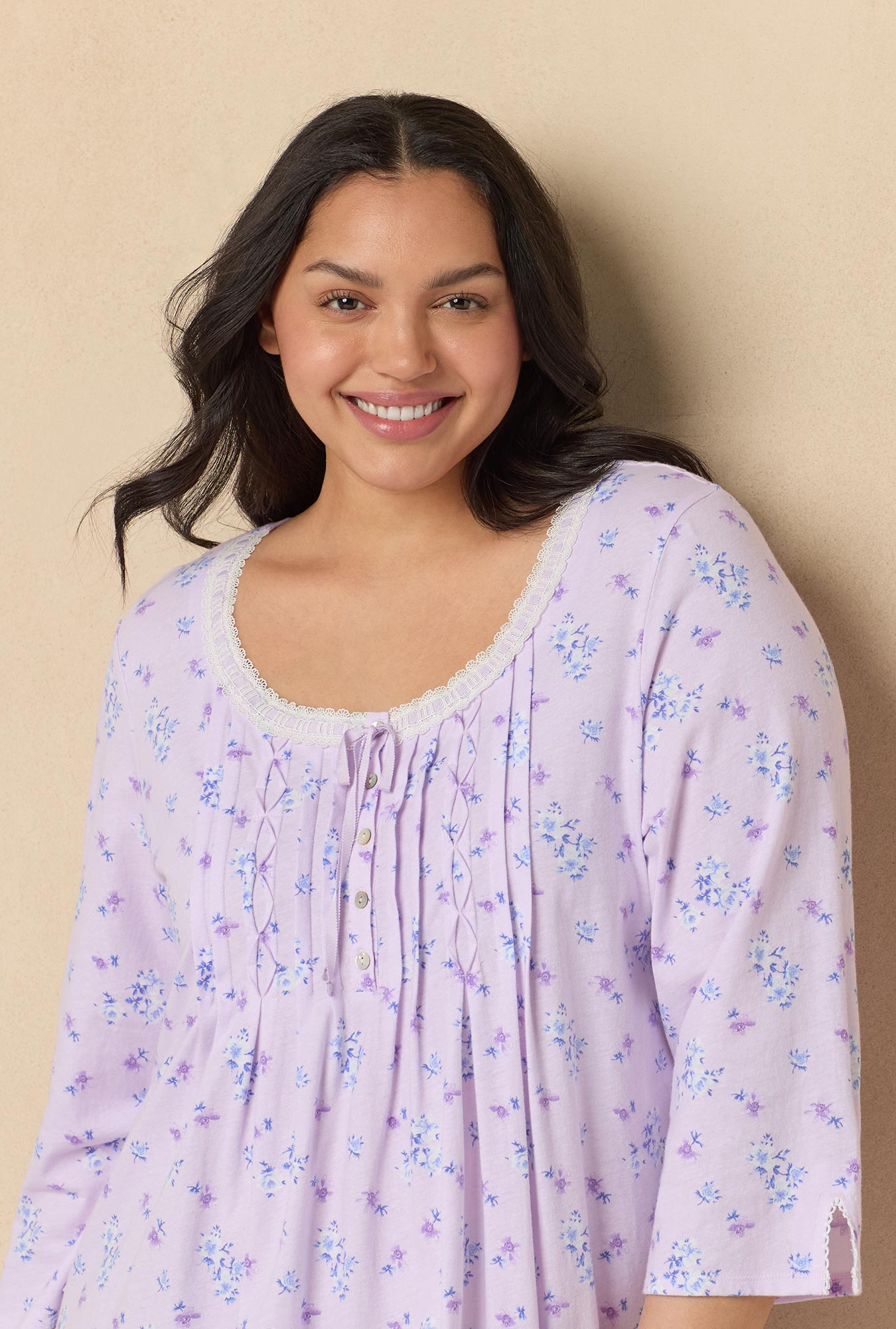 A lady wearing Mini Floral 3/4 Sleeve Cotton Short Nightgown