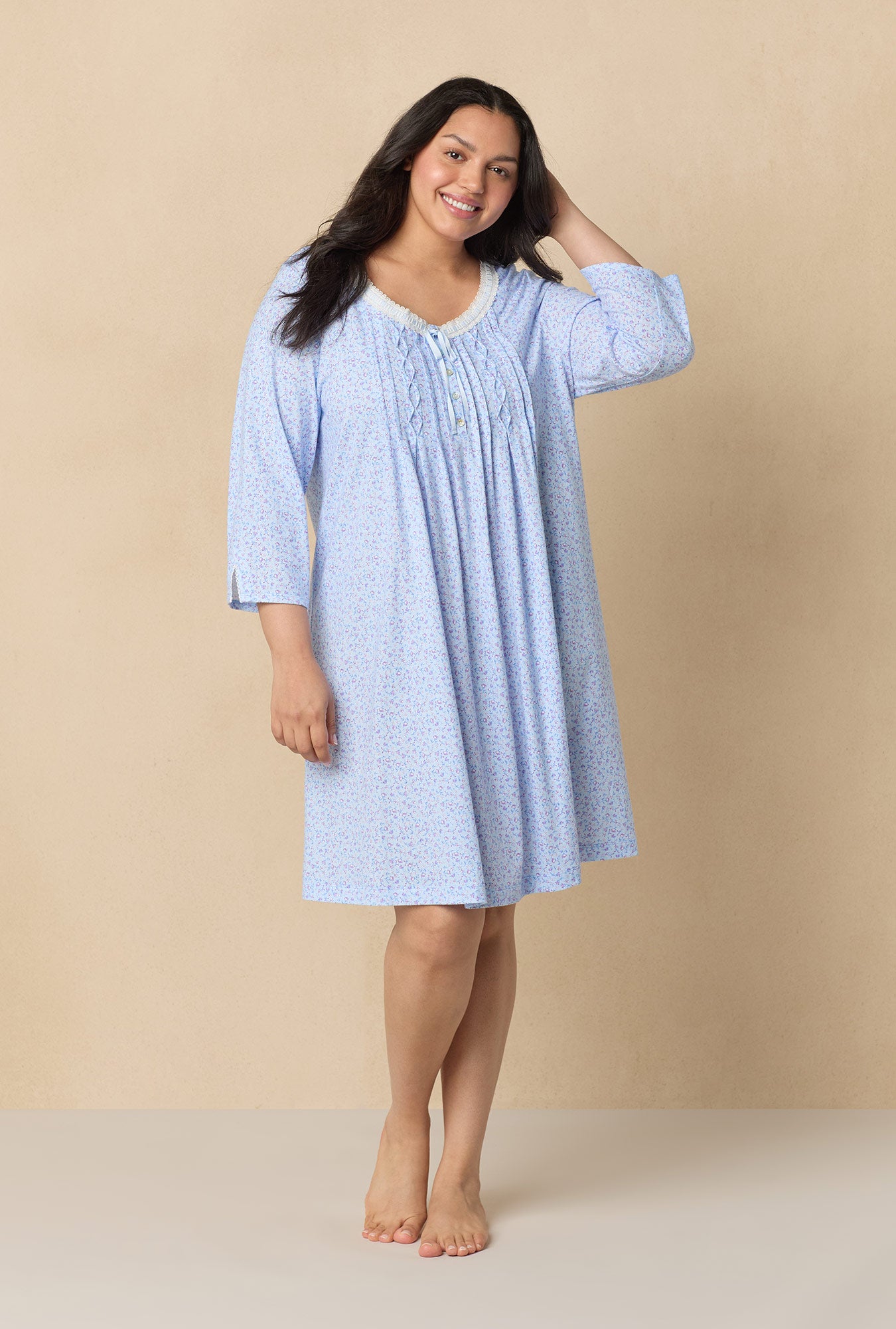 A lady wearing Dreamy Ditsy 3/4 Sleeve Cotton Short Nightgown