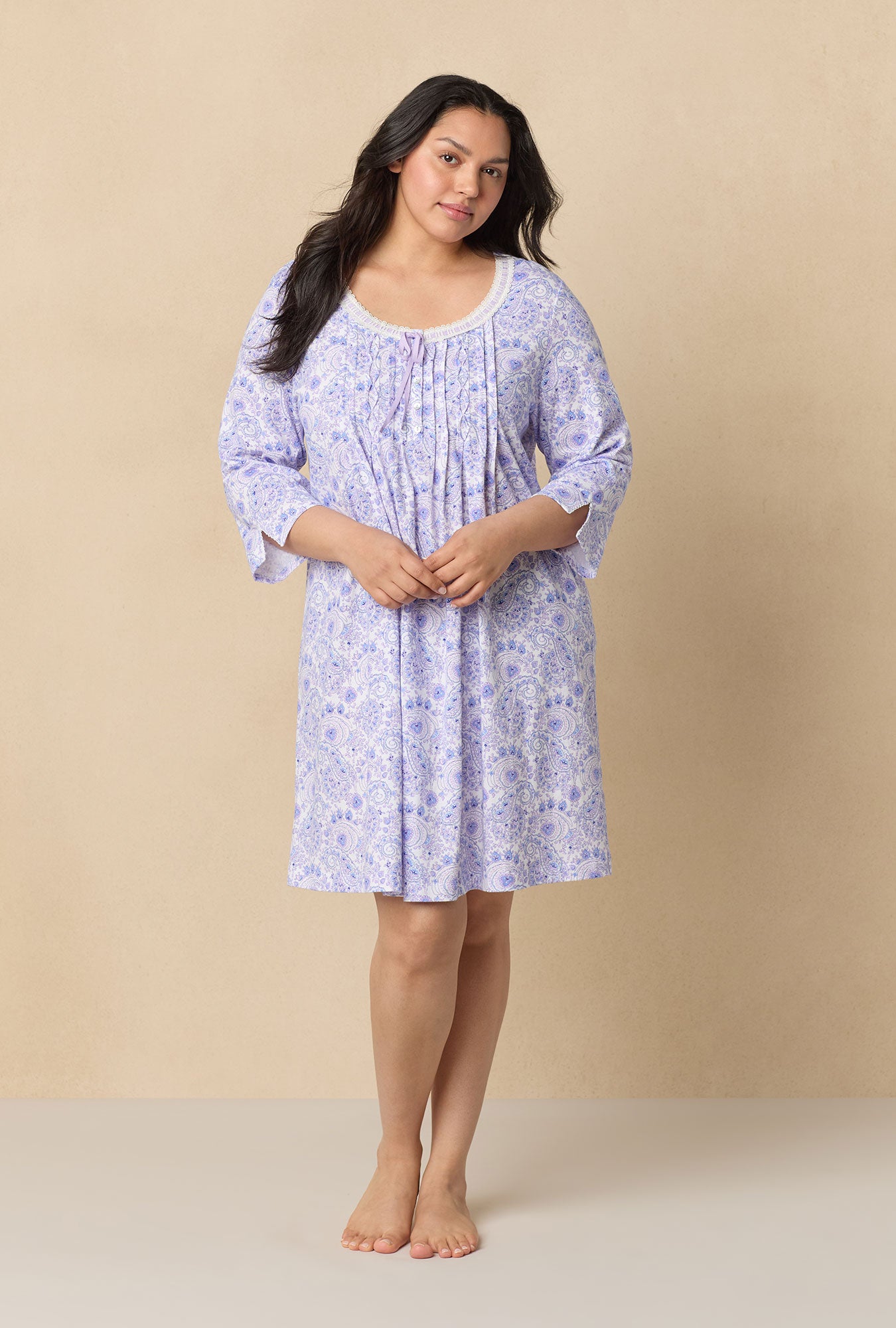 A lady wearing Purple Paisley 3/4 Sleeve Cotton Short Nightgown