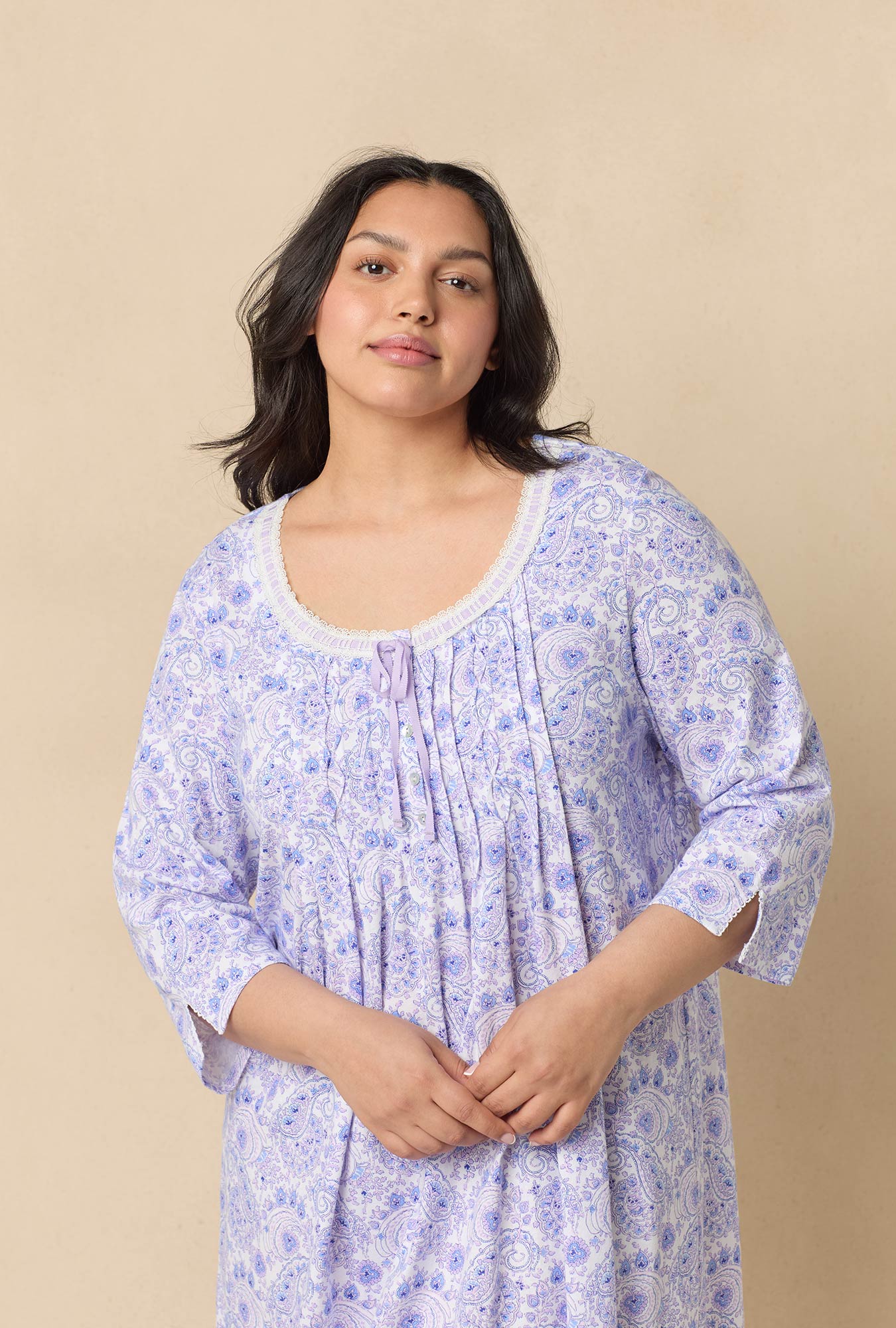 A lady wearing Purple Paisley 3/4 Sleeve Cotton Short Nightgown