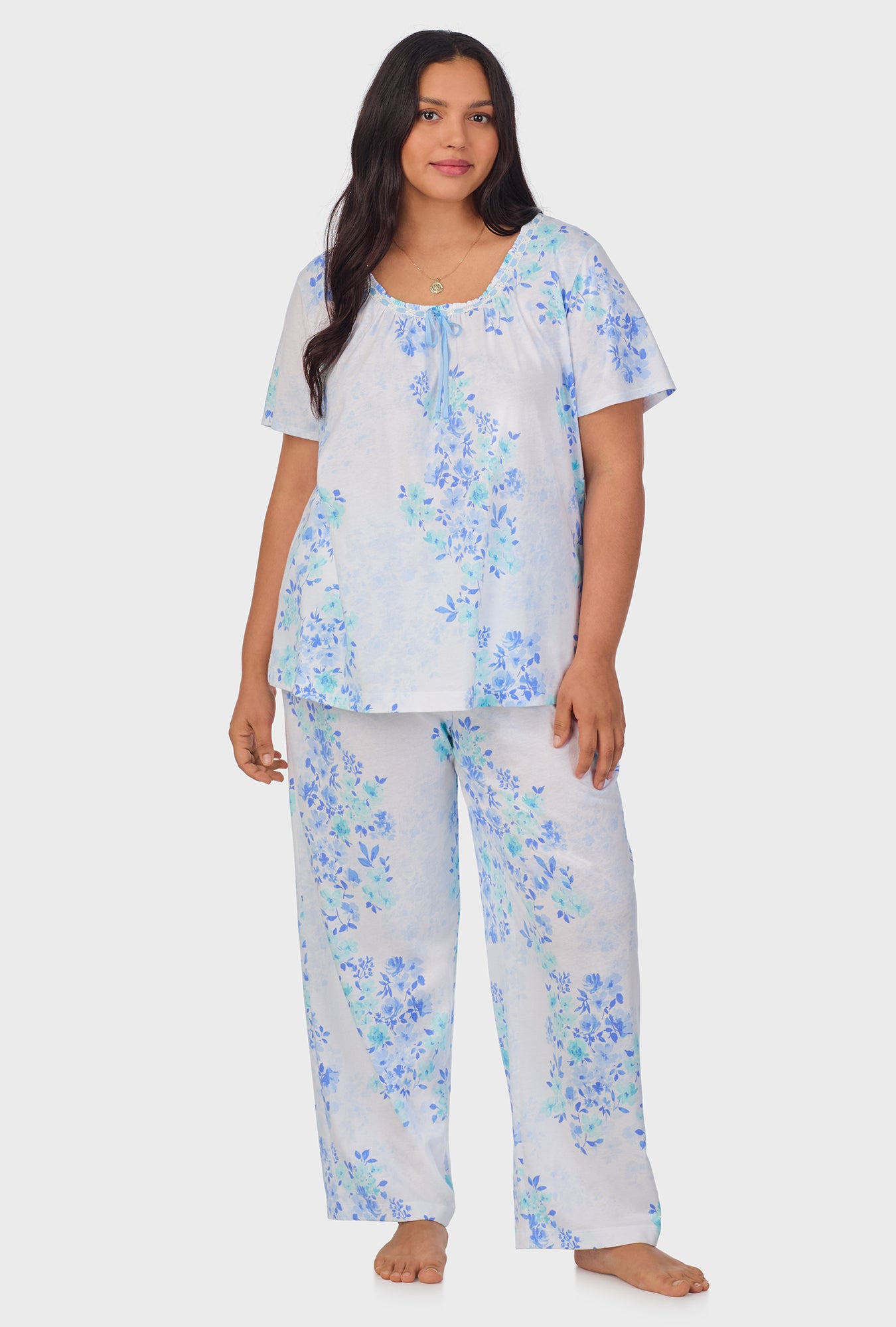 A lady wearing Watercolor Floral Cotton Long Pajama Set