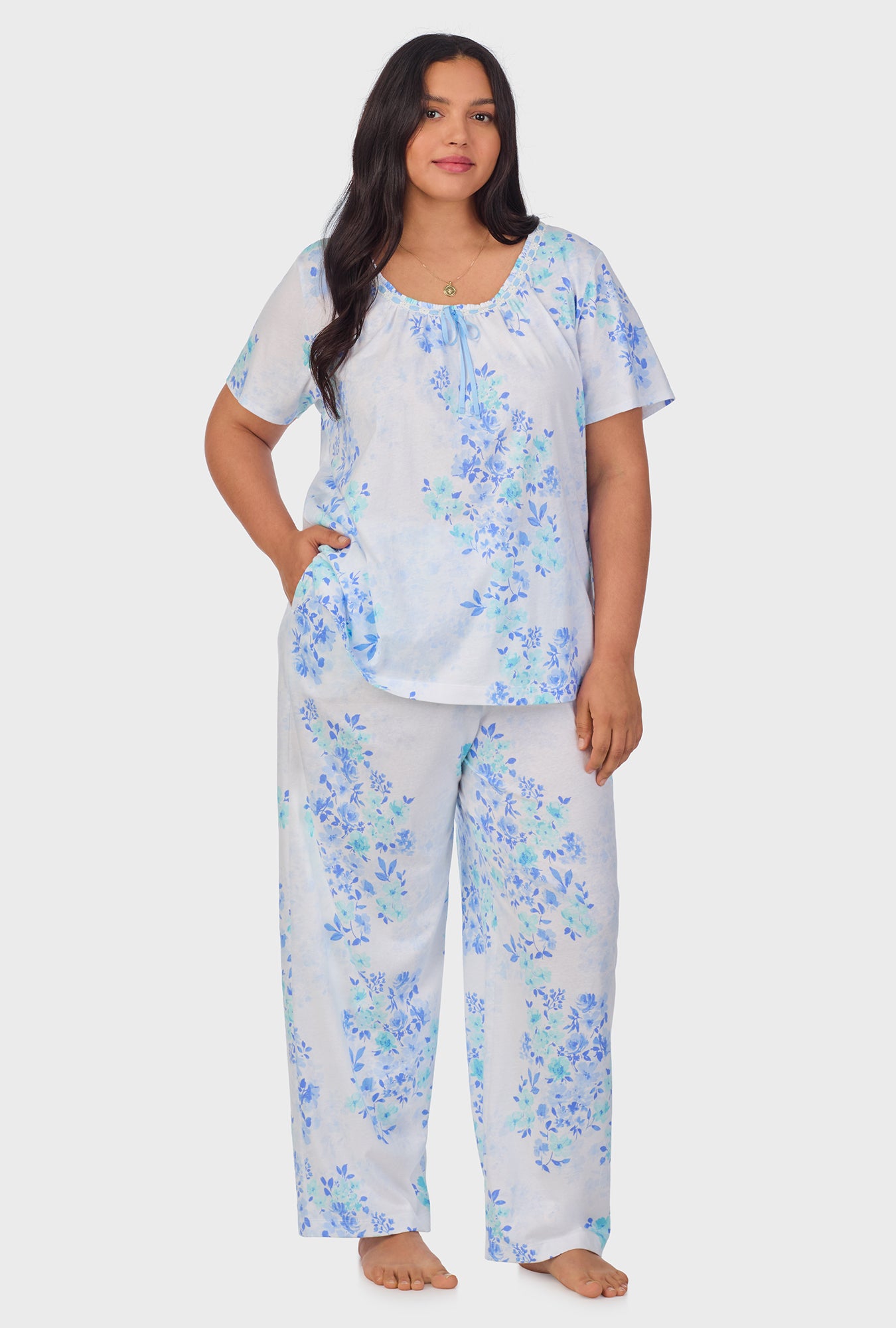 A lady wearing Watercolor Floral Cotton Long Pajama Set