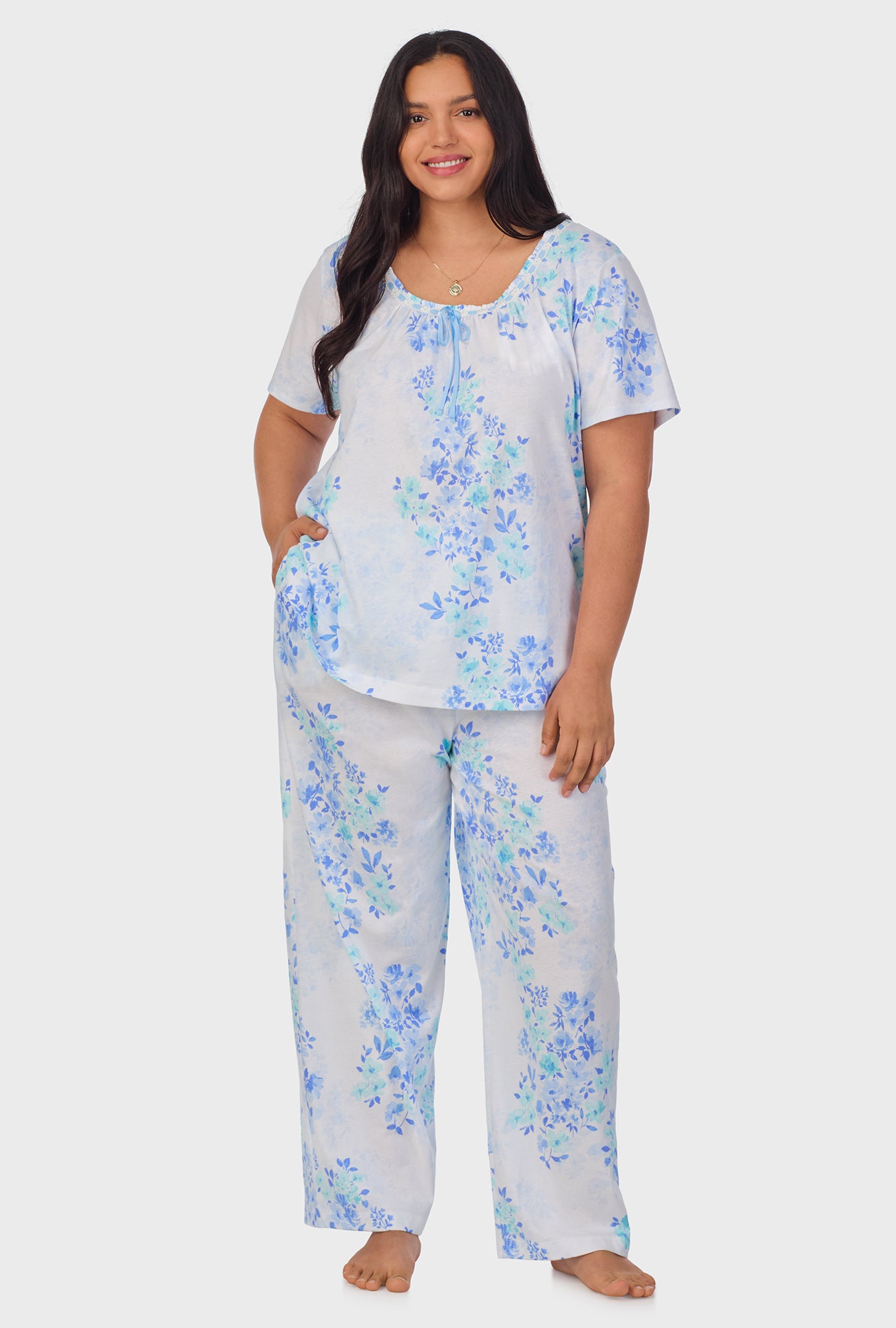 A lady wearing Watercolor Floral Cotton Long Pajama Set