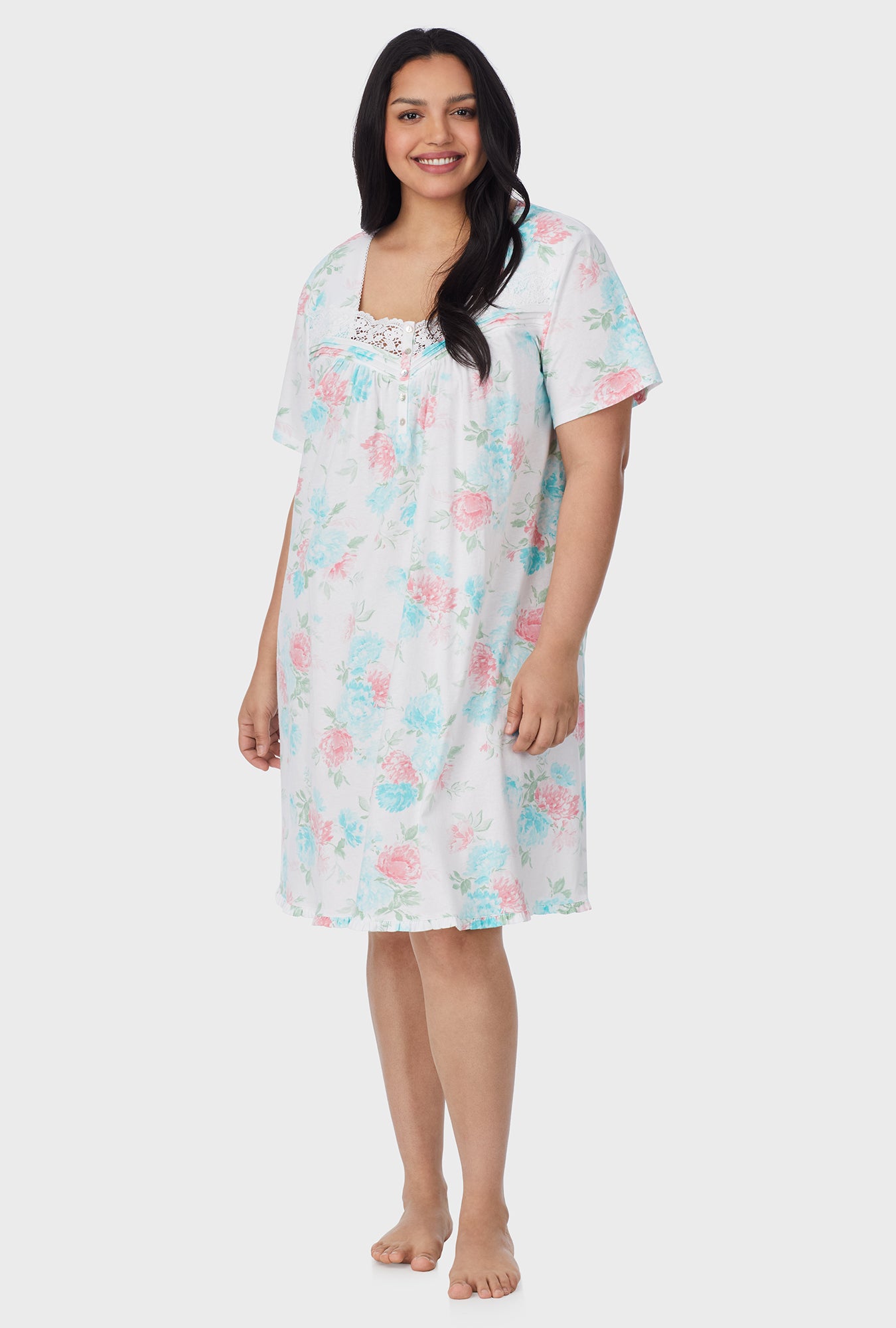A lady wearing Precious Peony Cotton Short plus Nightgown