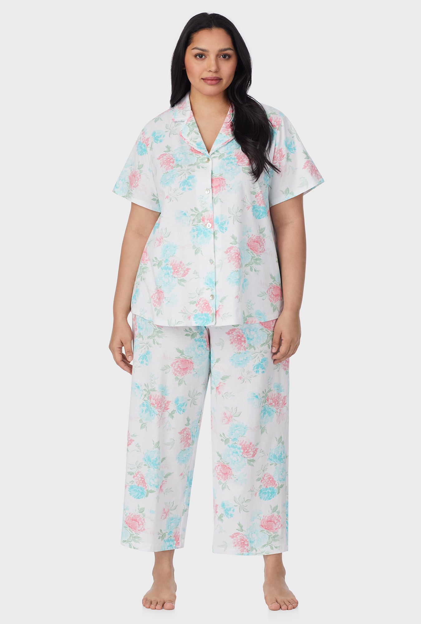 A lady wearing Precious Peony Cotton Capri plus Pajama Set