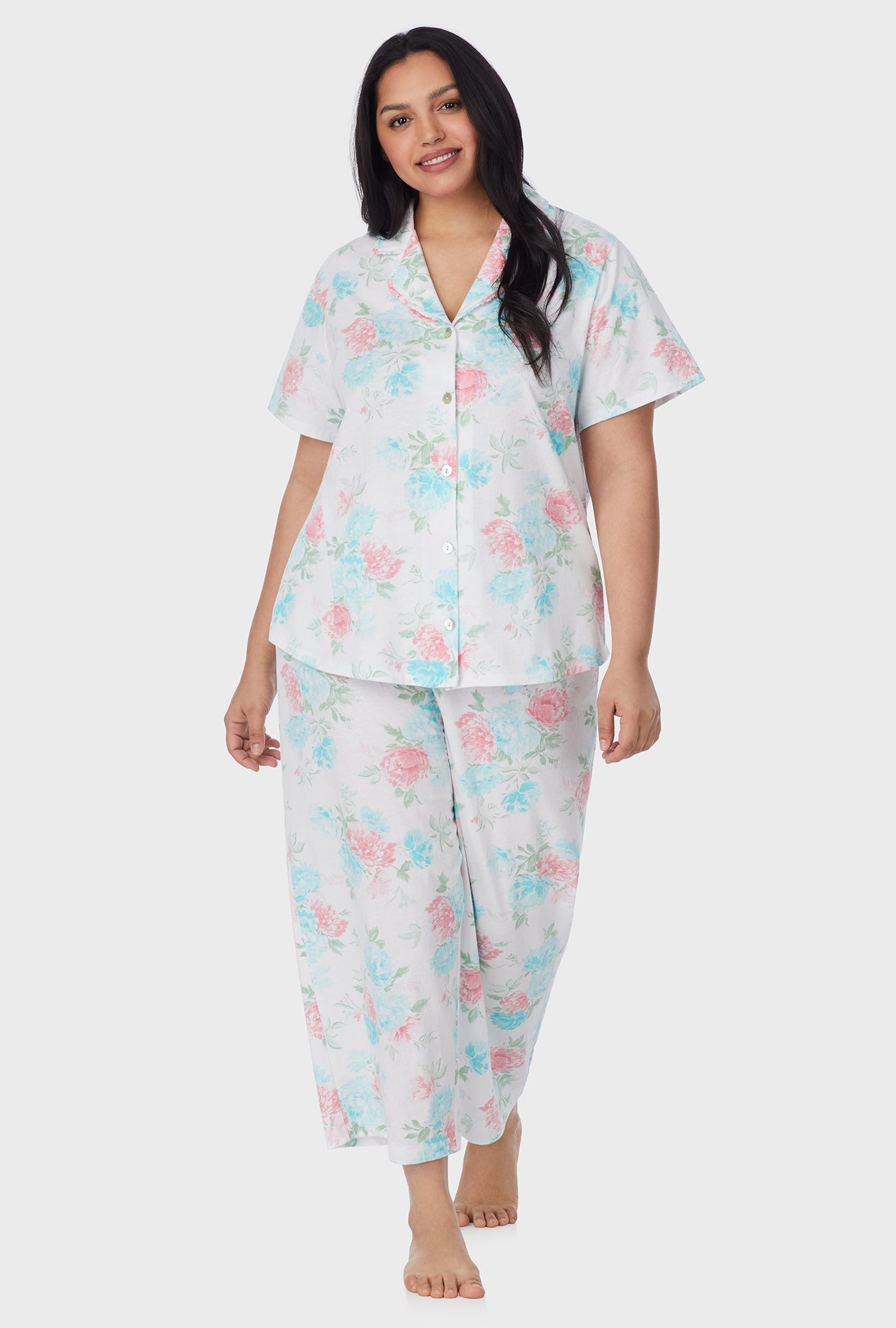 A lady wearing Precious Peony Cotton Capri plus Pajama Set
