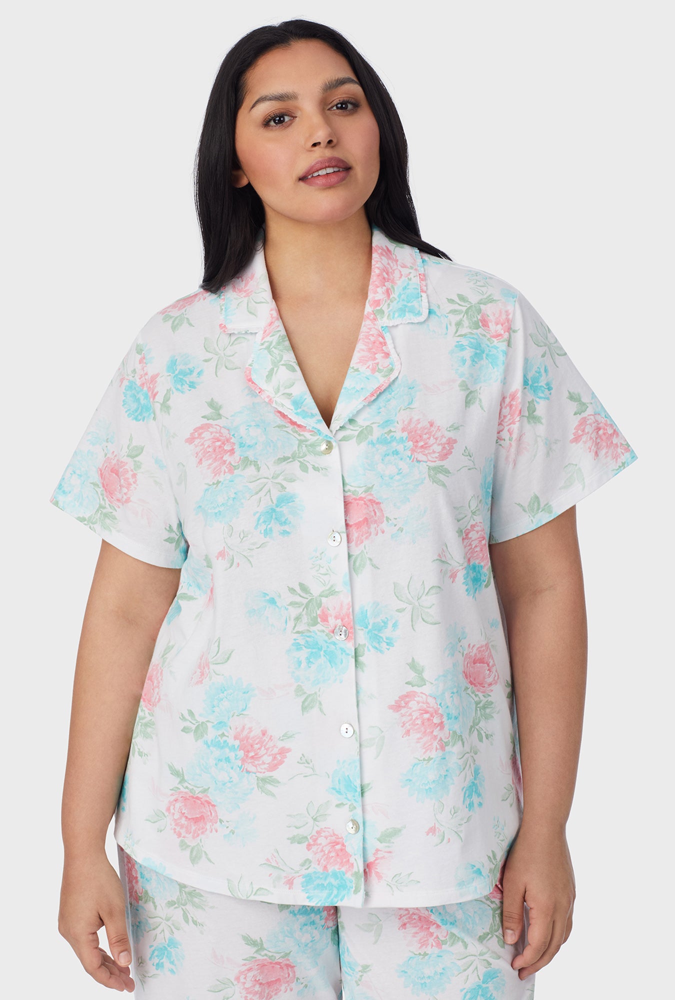 A lady wearing Precious Peony Cotton Capri plus Pajama Set