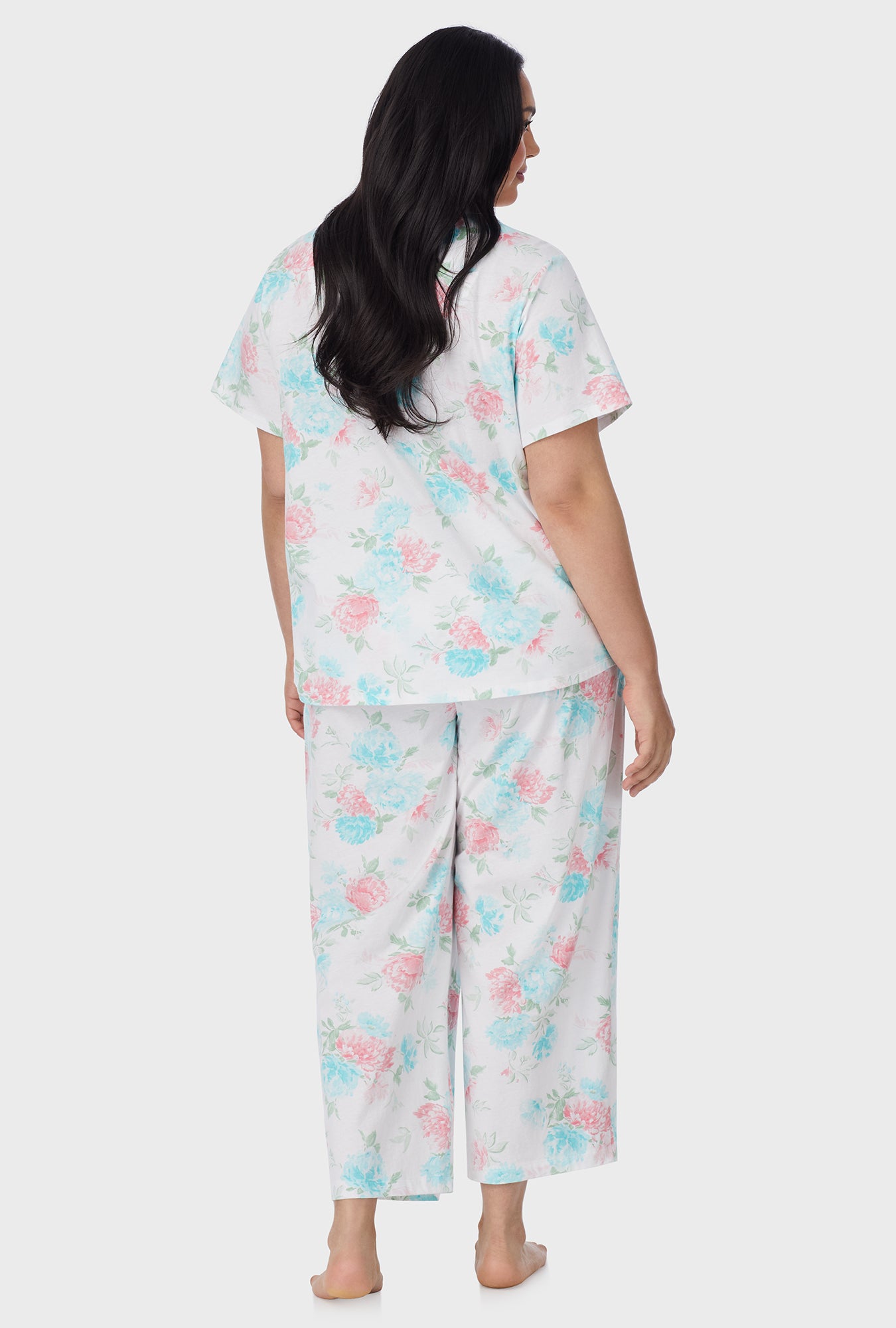 A lady wearing Precious Peony Cotton Capri plus Pajama Set