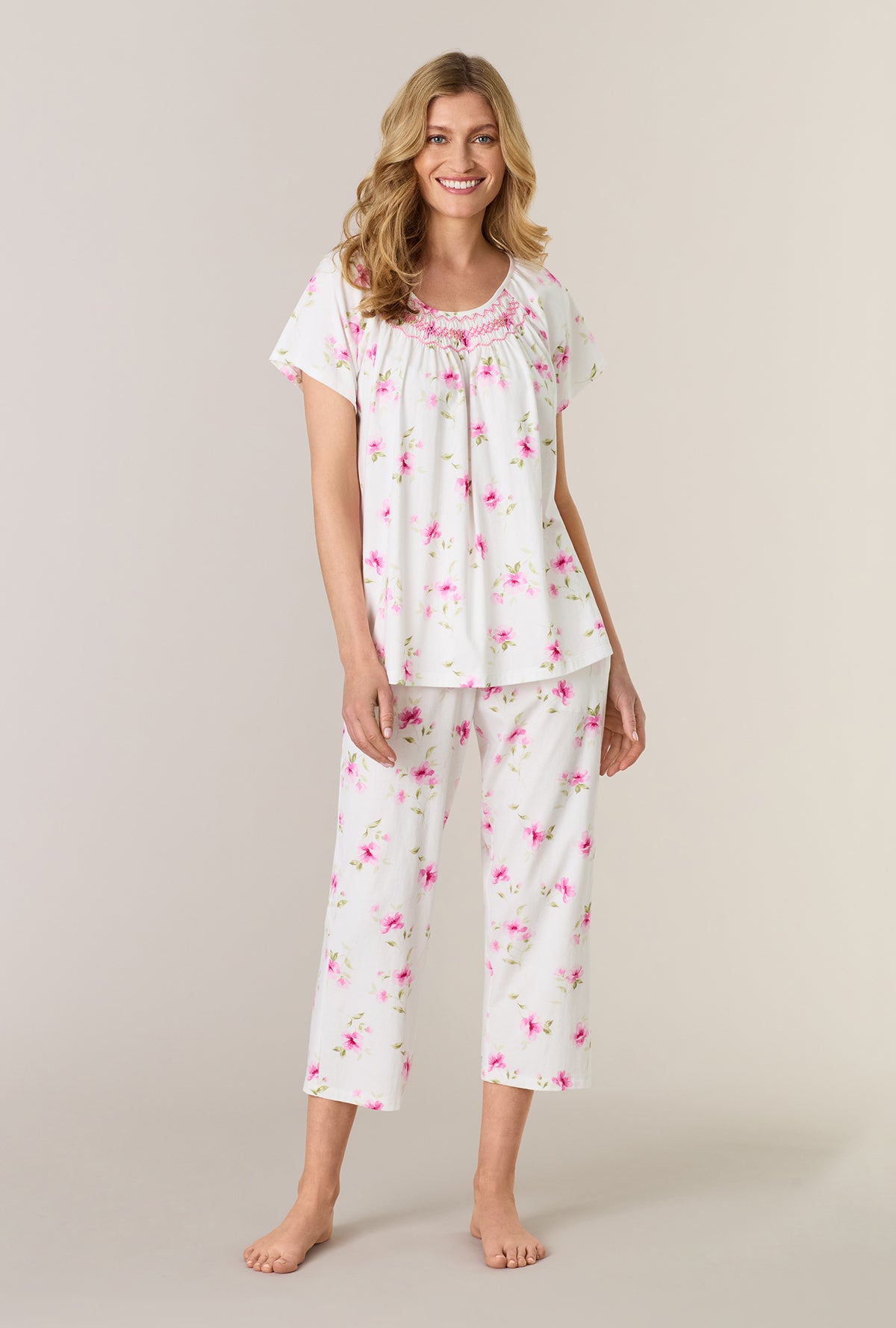 A lady wearing Blush Garden Cotton Capri Pajama Set 