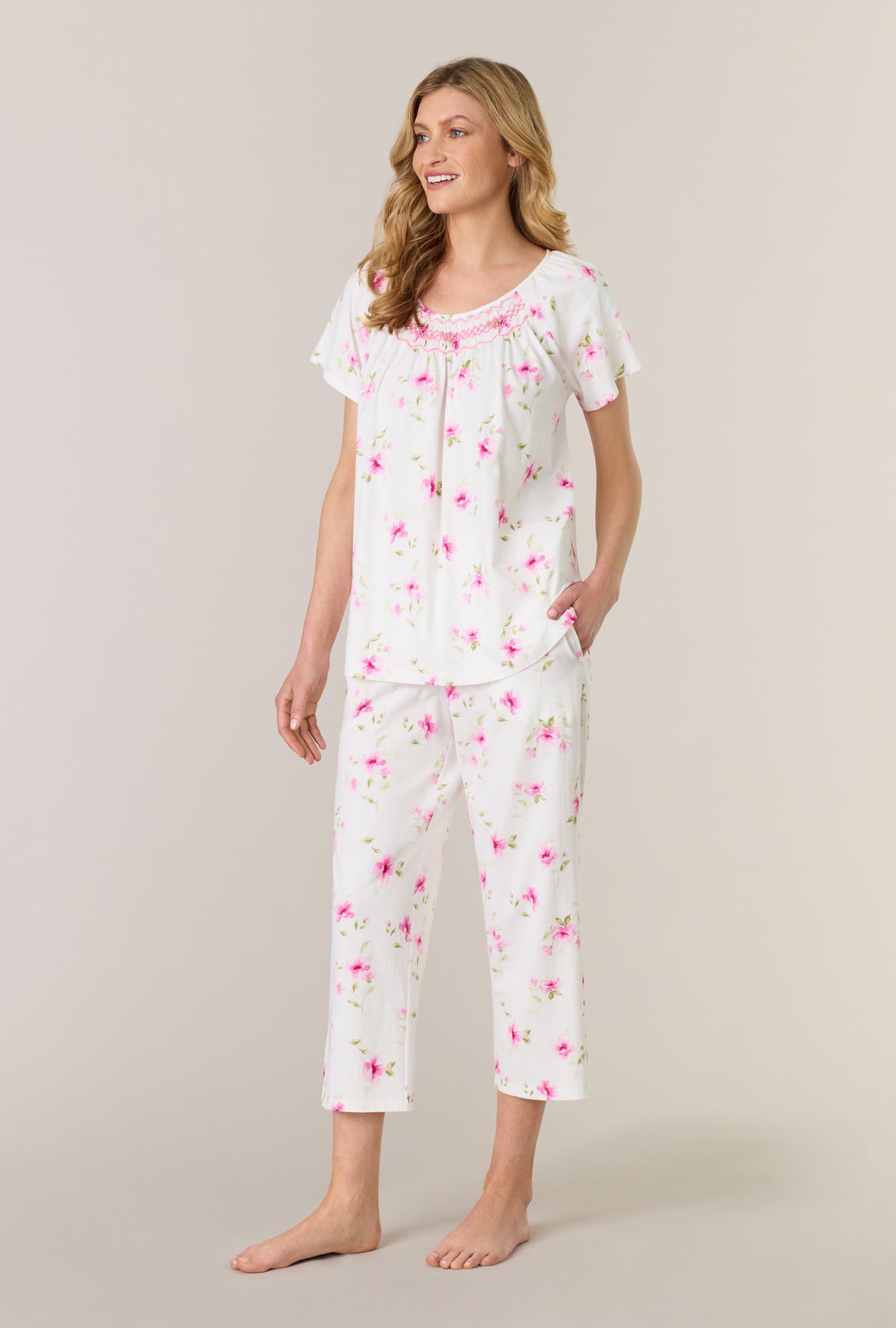 A lady wearing Blush Garden Cotton Capri Pajama Set looking side