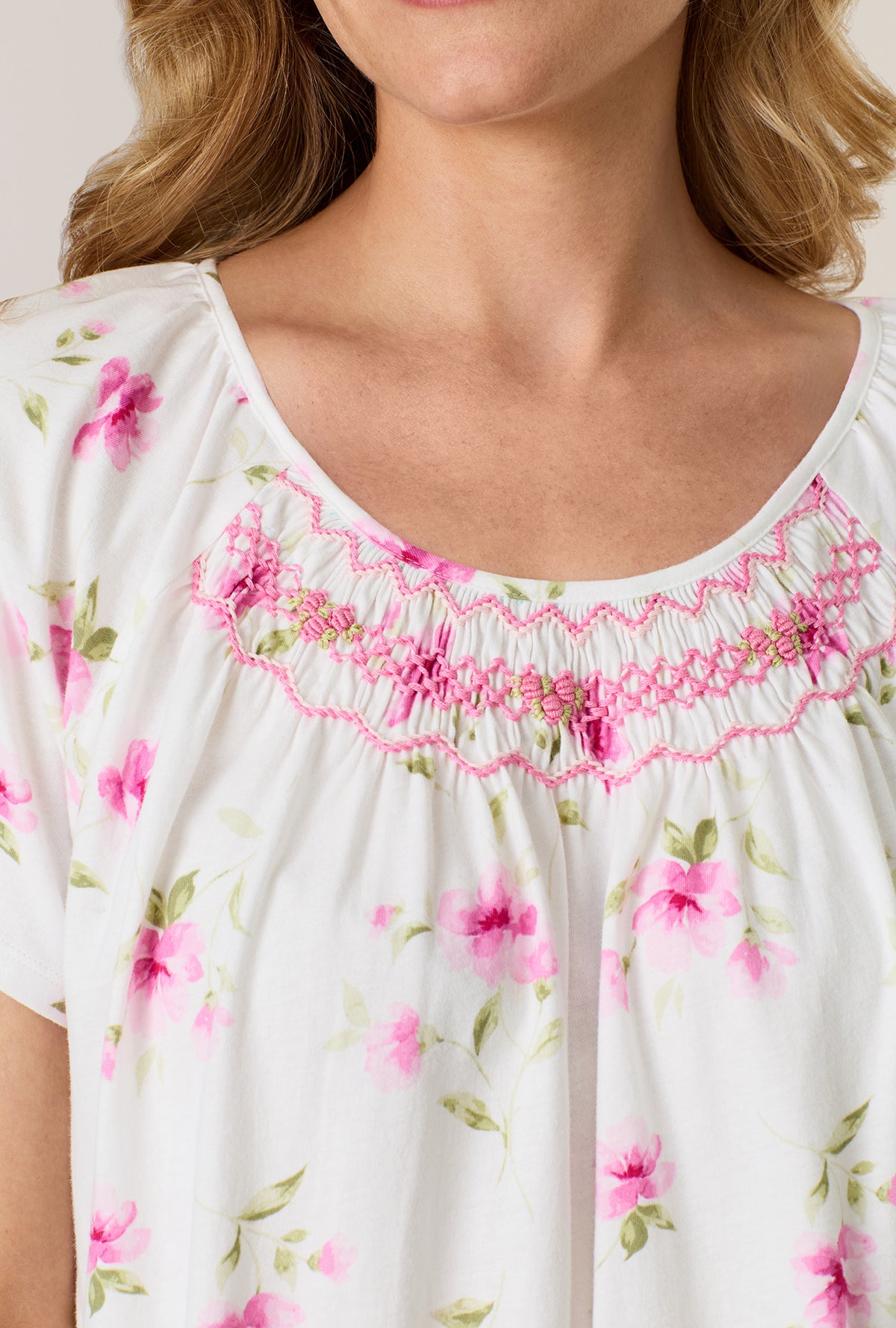 A lady wearing Blush Garden Cotton Capri Pajama Set closer look