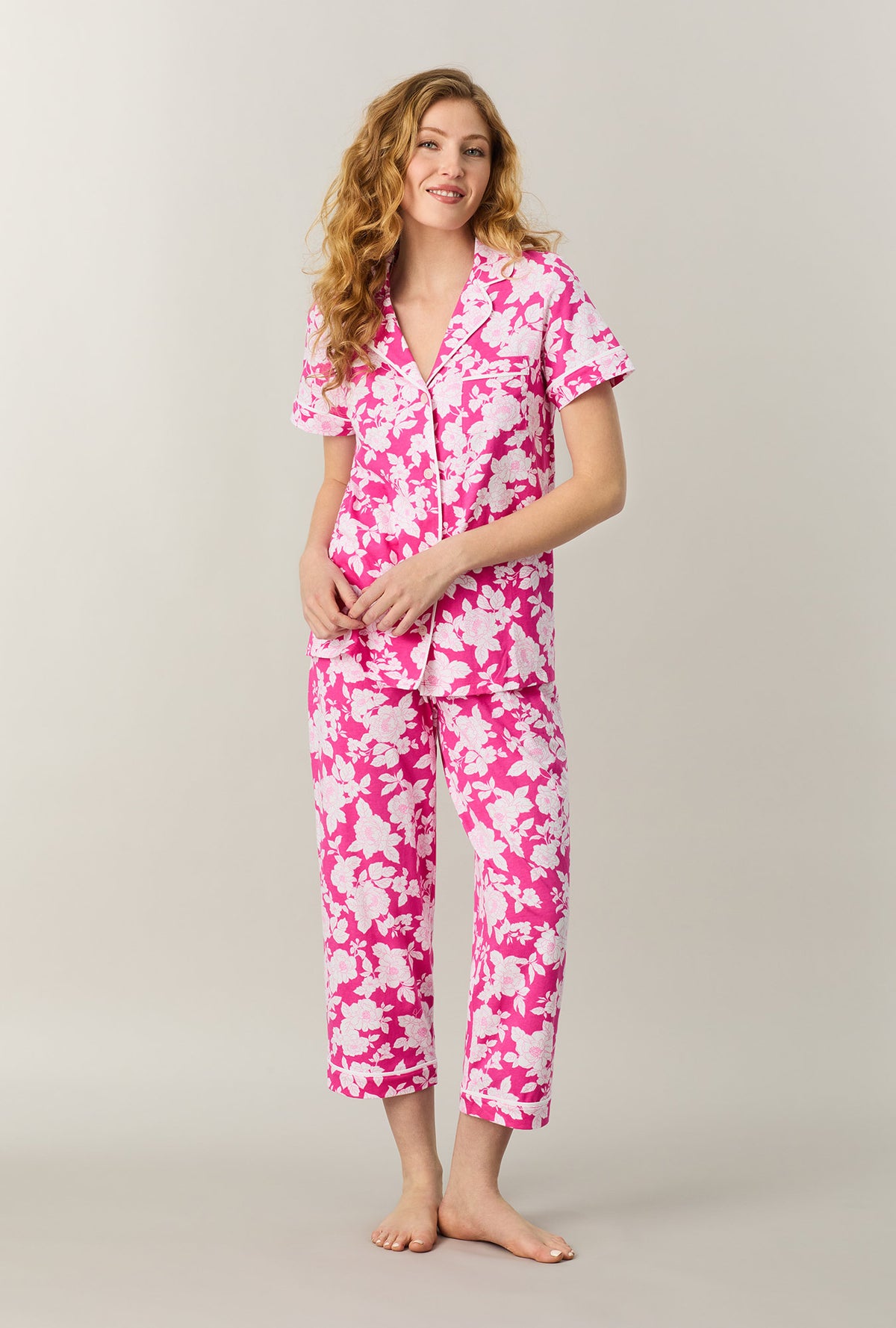 A Lady wearing Raspberry Rose Cotton Capri Pajama Set looking front