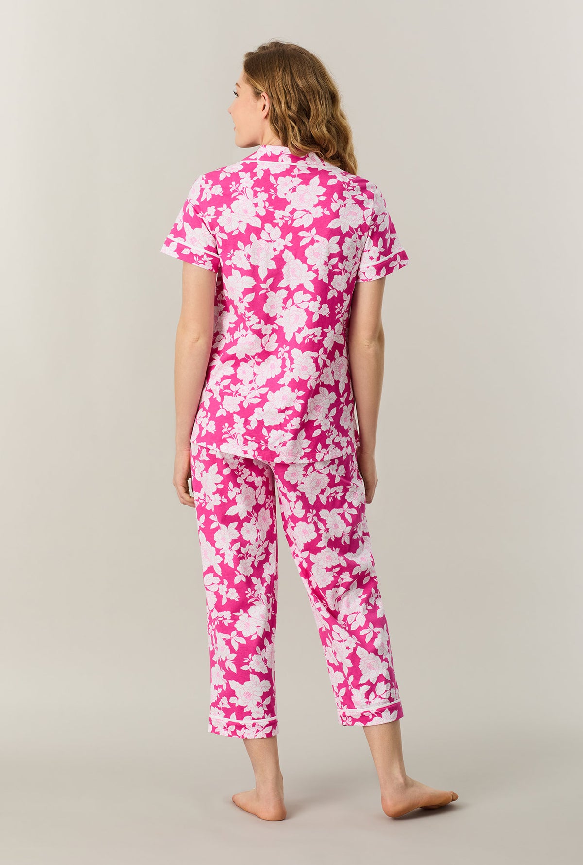 A Lady wearing Raspberry Rose Cotton Capri Pajama Set back view