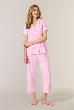 A lady wearing Fairytale Toile Cotton Notch Collar Capri Pajama Set