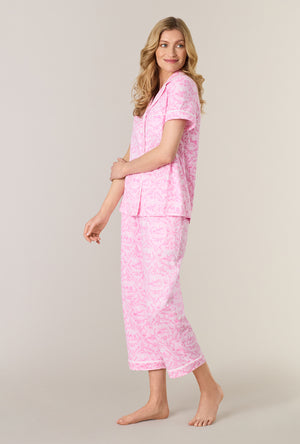 A lady wearing Fairytale Toile Cotton Notch Collar Capri Pajama Set looking side