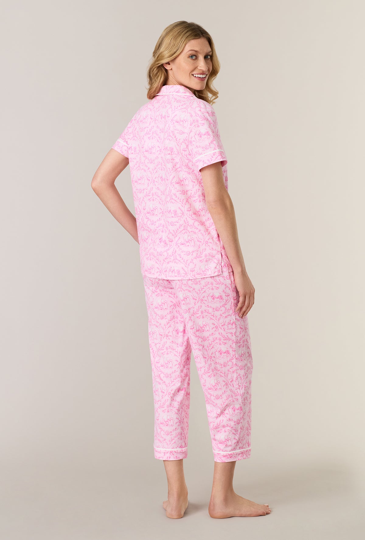 A lady wearing Fairytale Toile Cotton Notch Collar Capri Pajama Set back view