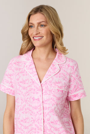 A lady wearing Fairytale Toile Cotton Notch Collar Capri Pajama Set closer look