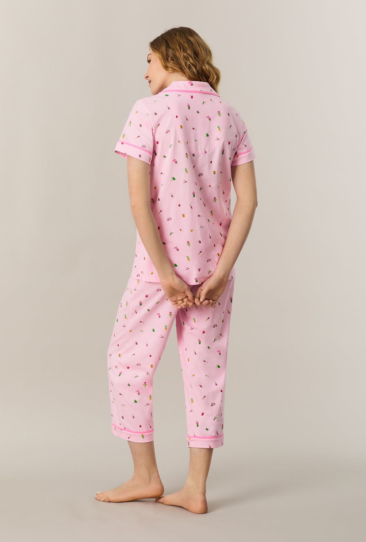 A lady wearing In the Garden Cotton Capri Pajama Set back view